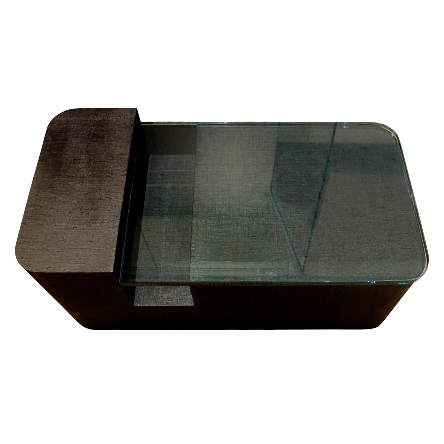 Sculptural Coffee Table in Black Lacquered Linen and Glass, 1970s In Excellent Condition For Sale In New York, NY