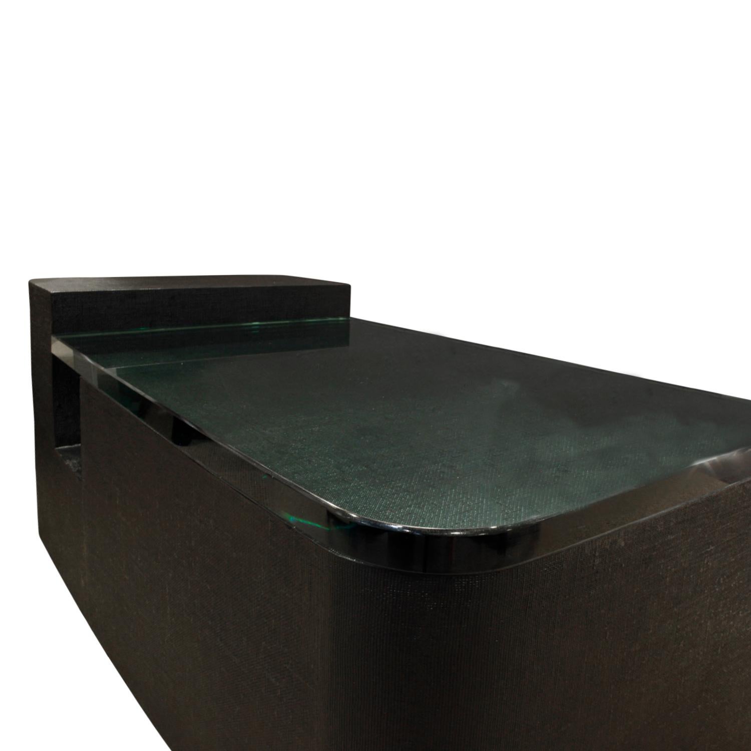 Late 20th Century Sculptural Coffee Table in Black Lacquered Linen and Glass, 1970s For Sale
