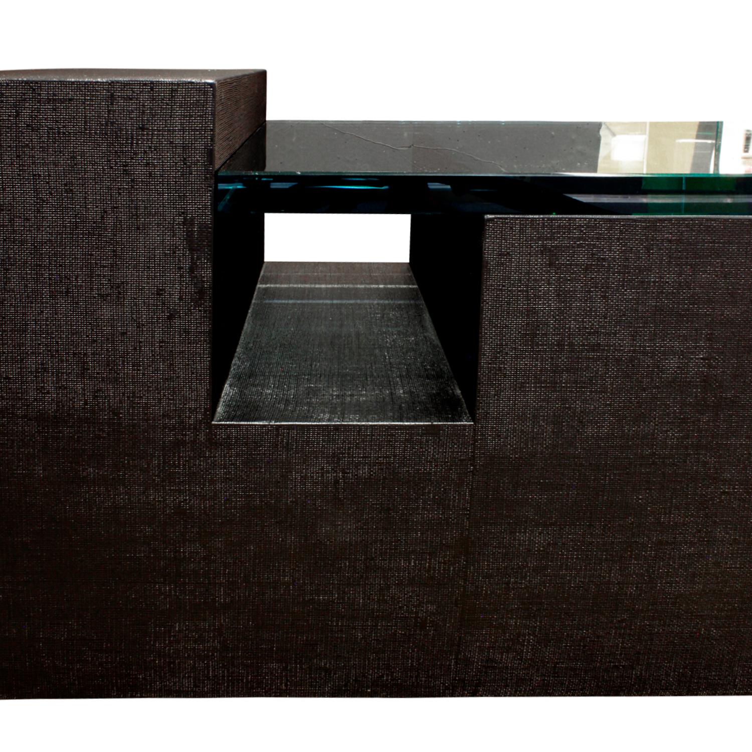 Sculptural Coffee Table in Black Lacquered Linen and Glass, 1970s For Sale 1
