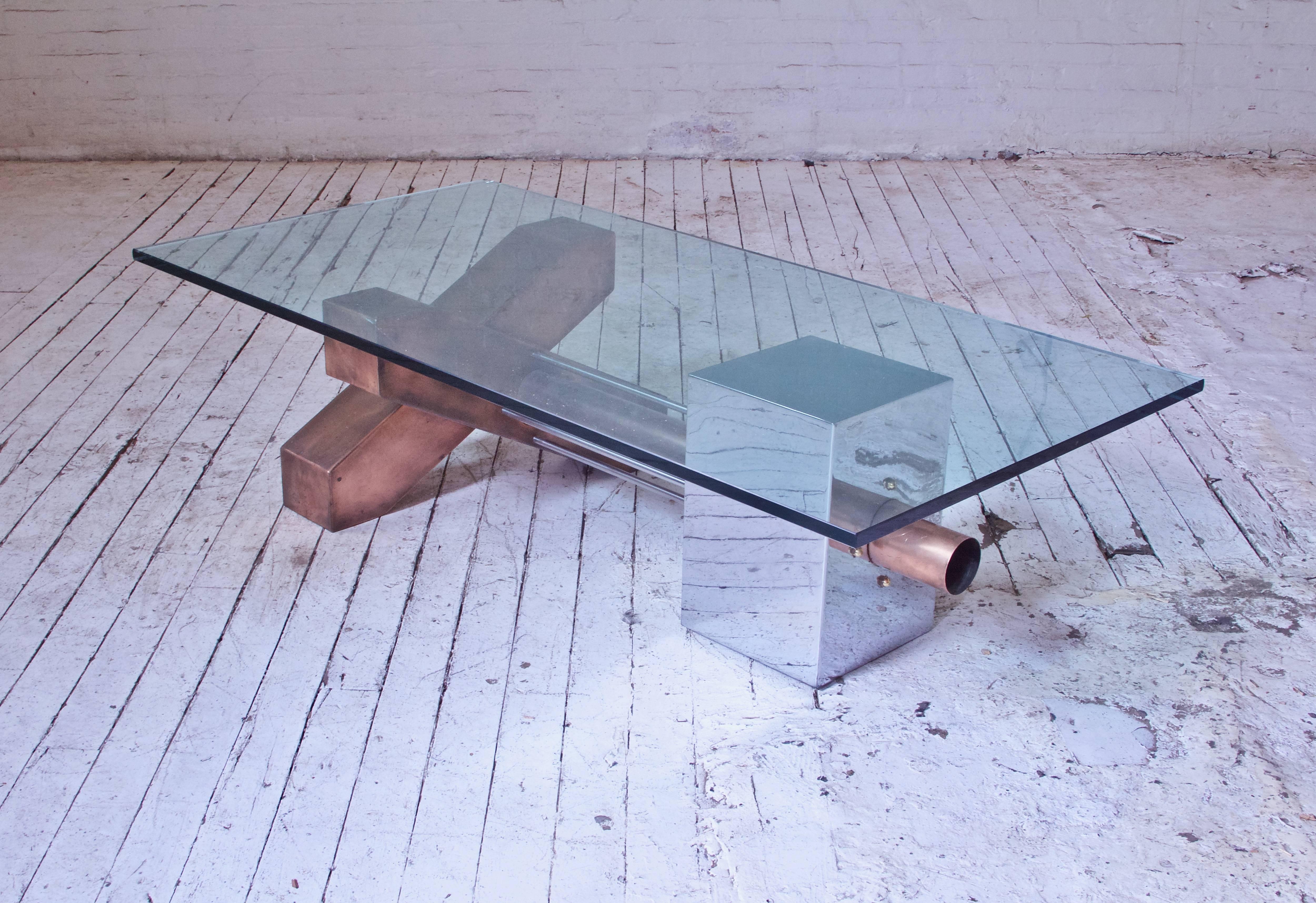 Mid-Century Modern Sculptural Coffee Table in Copper and Chrome with Bevelled Glass Top, 1980s