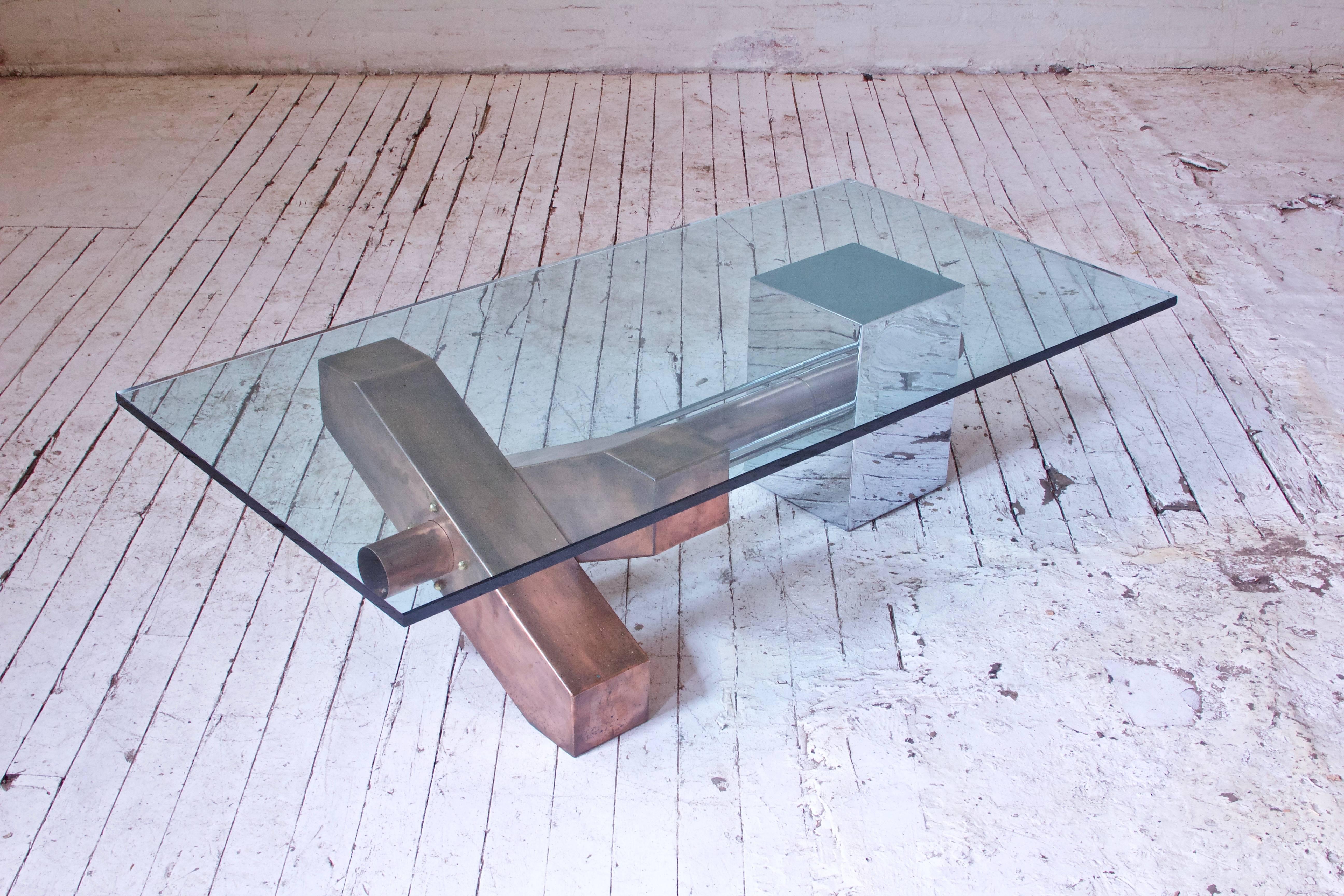 American Sculptural Coffee Table in Copper and Chrome with Bevelled Glass Top, 1980s