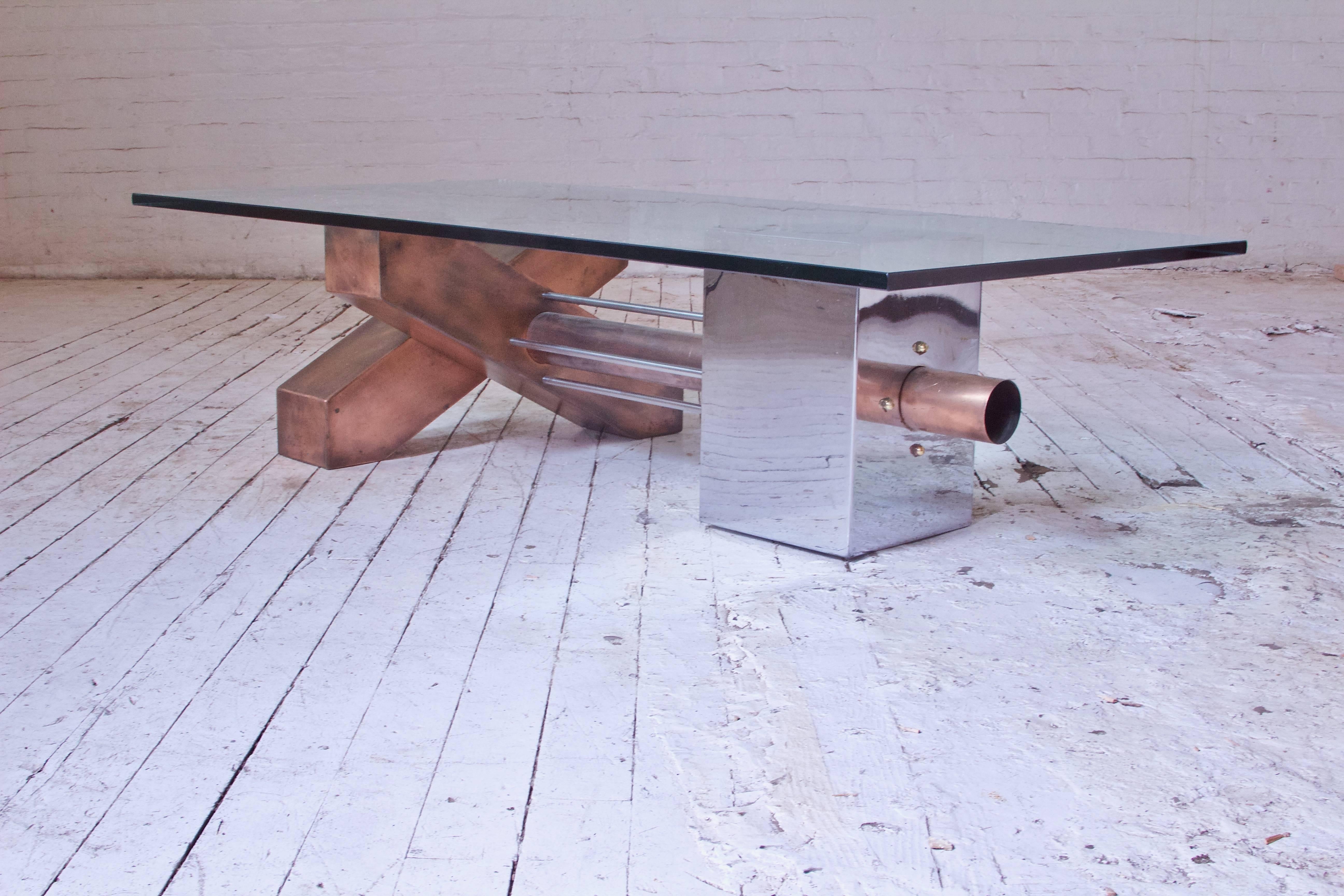 Beveled Sculptural Coffee Table in Copper and Chrome with Bevelled Glass Top, 1980s