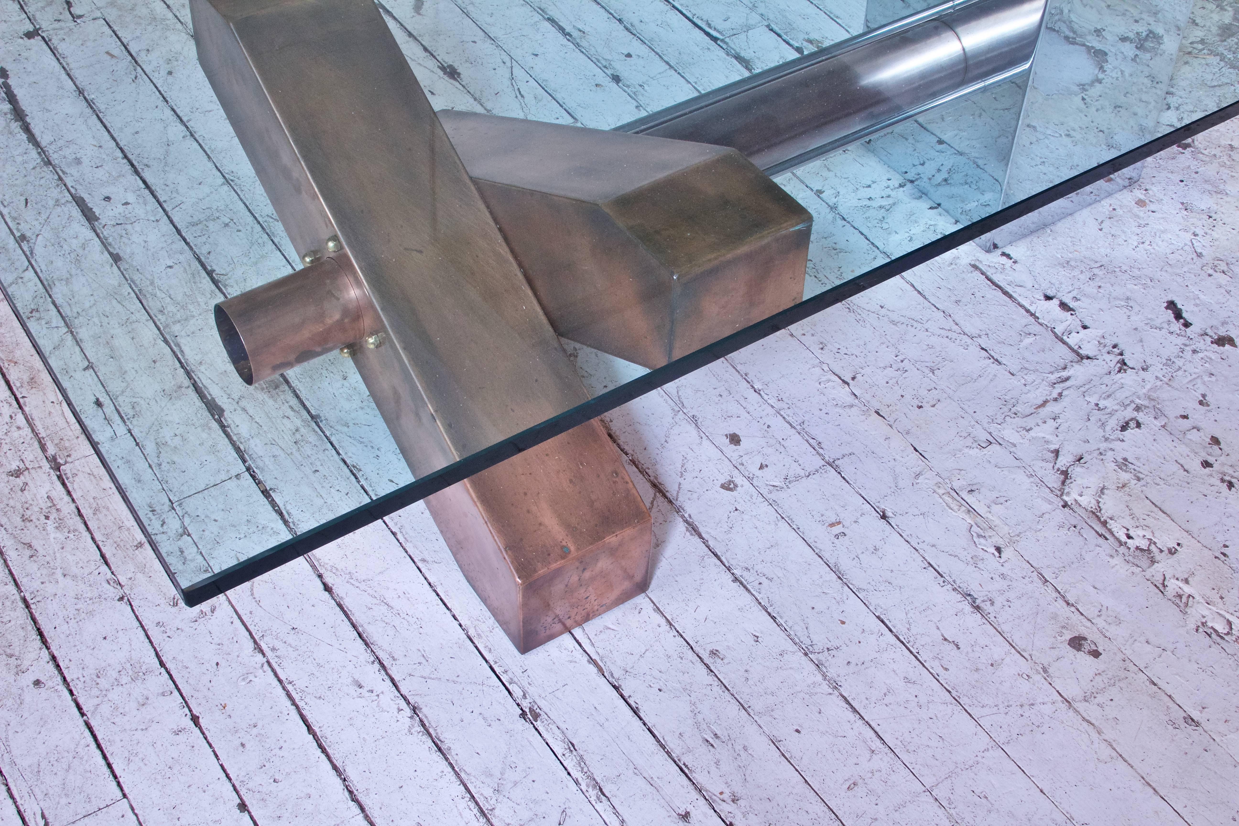 Sculptural Coffee Table in Copper and Chrome with Bevelled Glass Top, 1980s In Good Condition In Brooklyn, NY