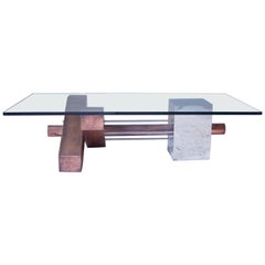 Sculptural Coffee Table in Copper and Chrome with Bevelled Glass Top, 1980s