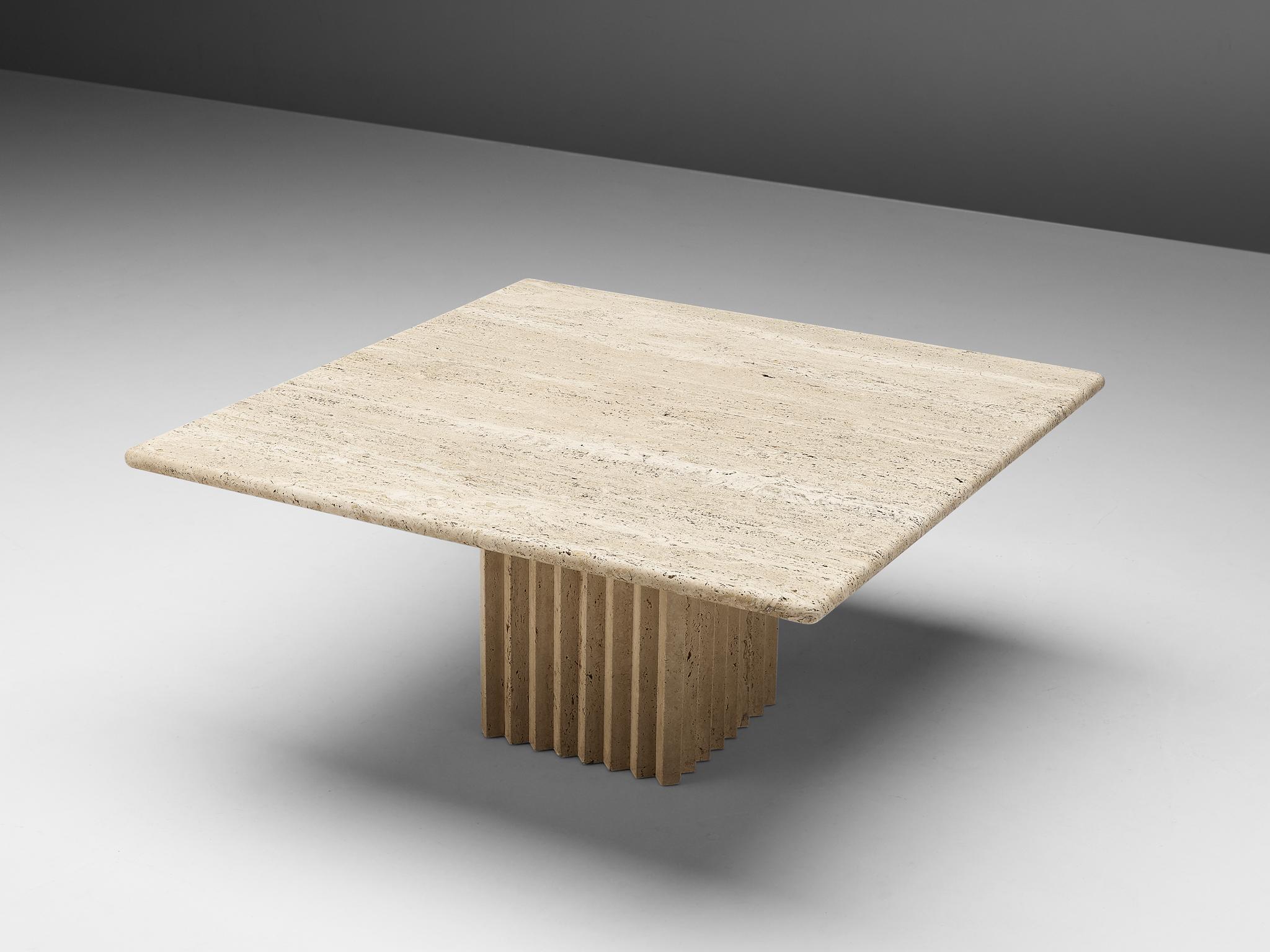 Coffee table, travertine, Italy, 1970s 

Coffee table with travertine rectangular tabletop and base. The base is structured by a fluted relief in vertical lines. The bright travertine gives the table a sculptural look. The natural layers of the