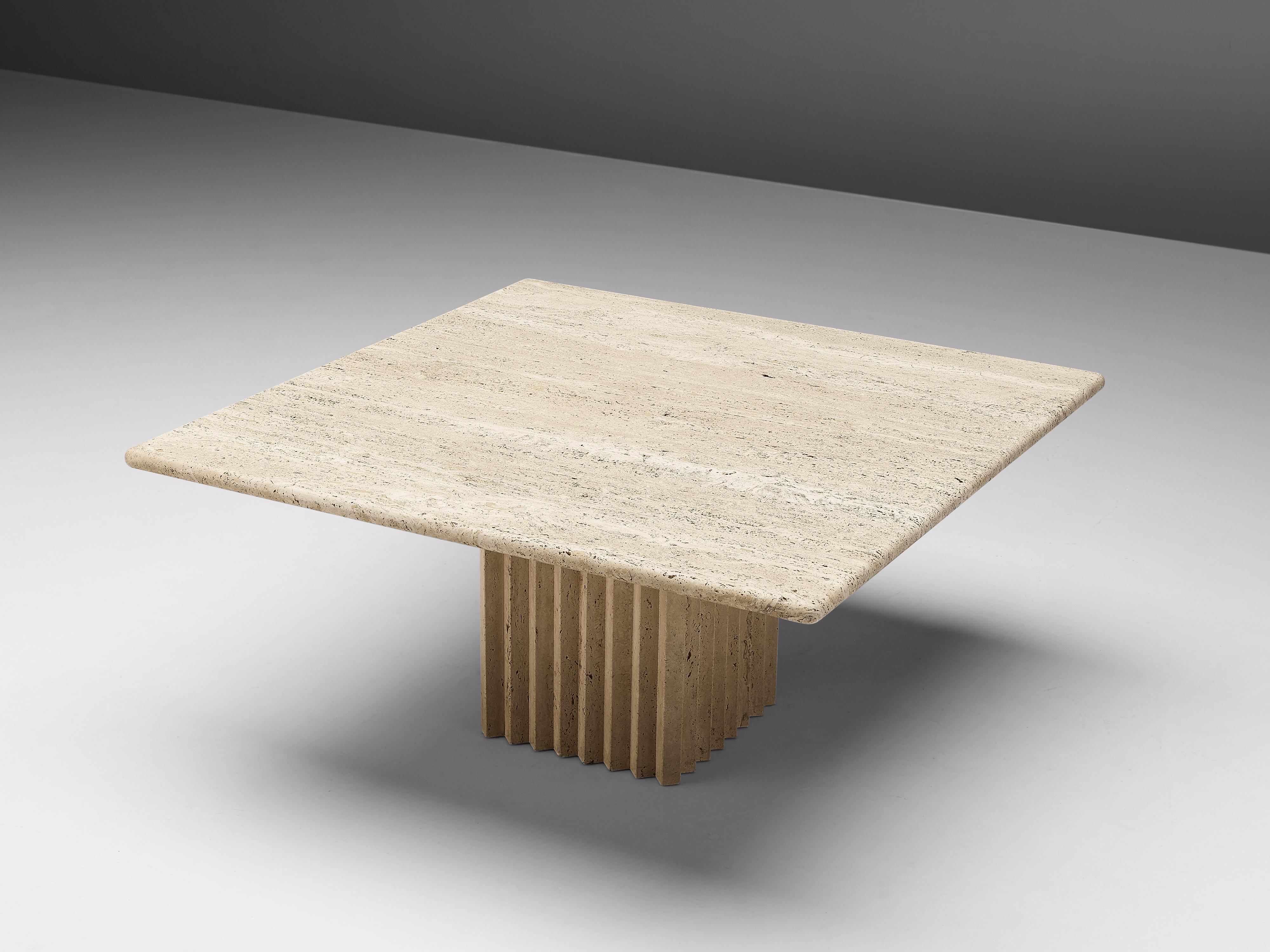 Coffee table, travertine, Italy, 1970s.

Coffee table with travertine rectangular tabletop and base. The base is structured by a fluted relief in vertical lines. The bright travertine gives the table a sculptural look. The natural layers of the