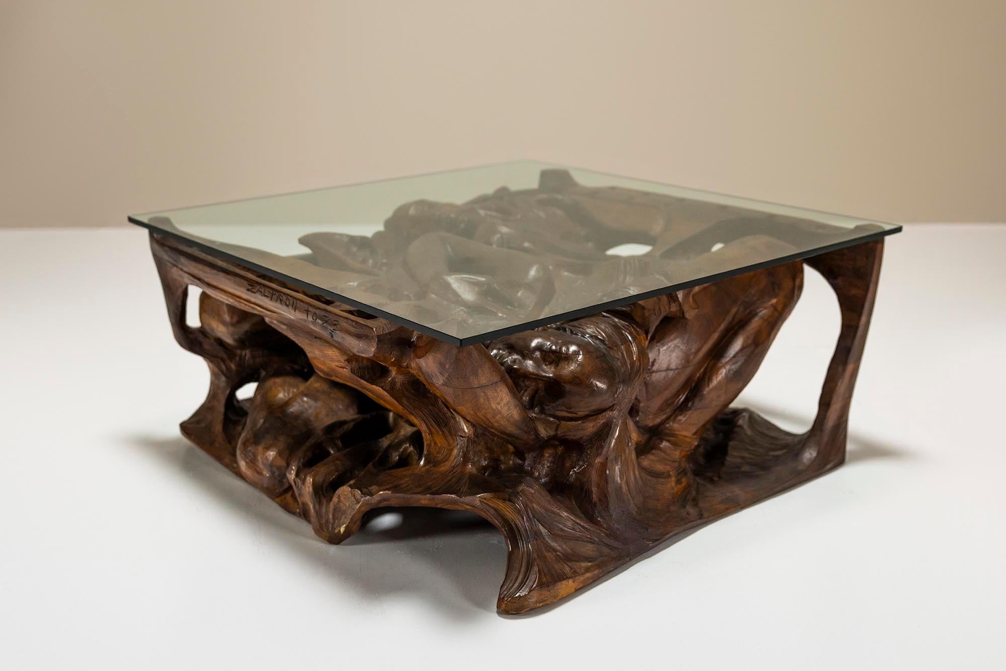Italian Sculptural Coffee Table in Wood and Glass by Gian Paulo Zaltron For Sale