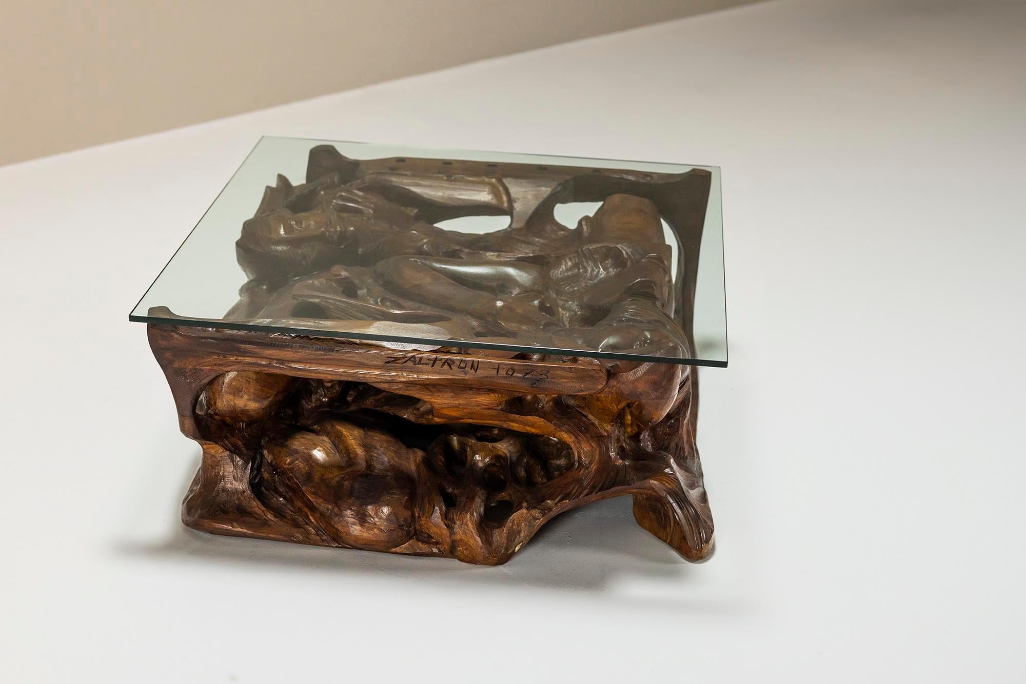 Verre Table basse sculpturale en bois et en verre de Gian Paulo Zaltron en vente