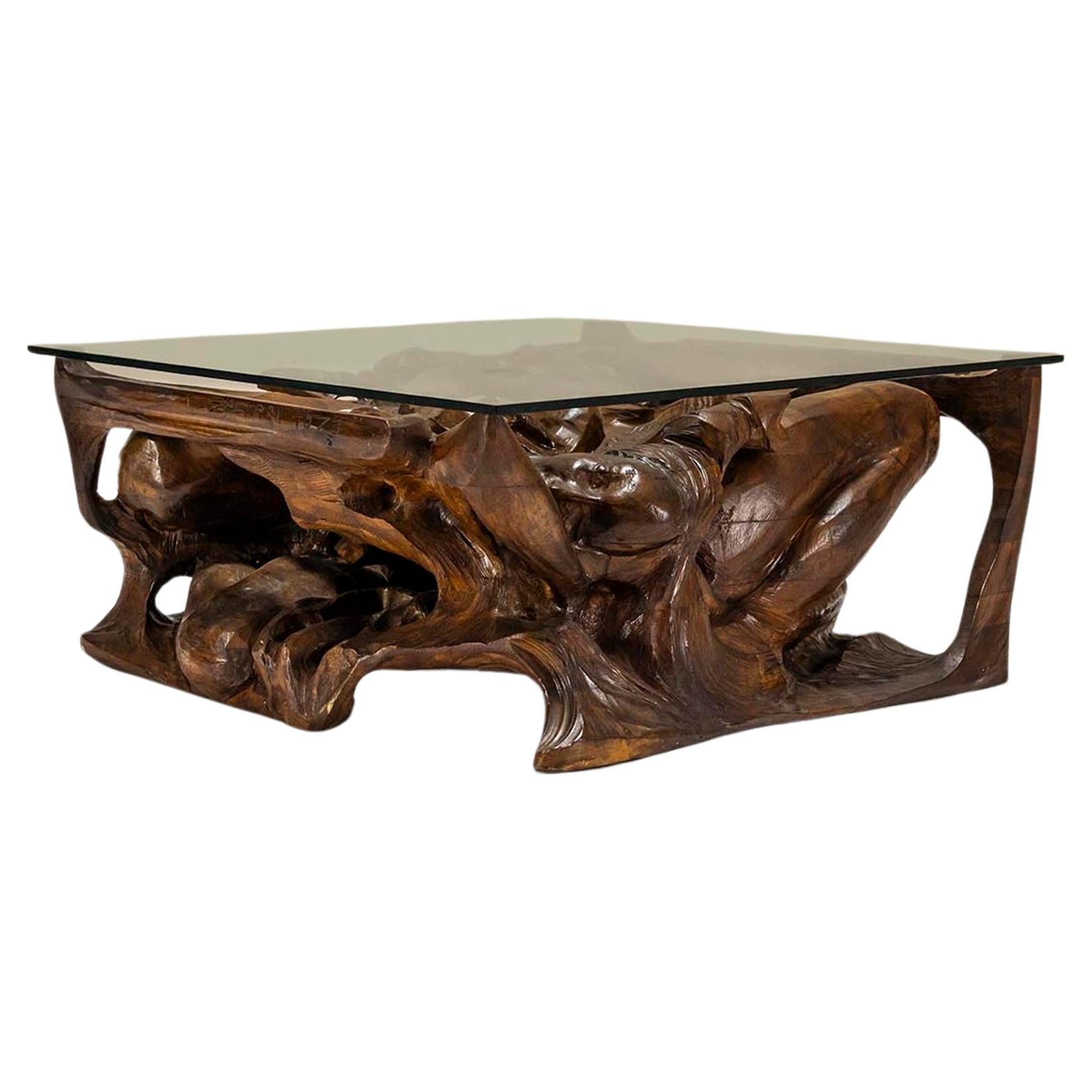 Table basse sculpturale en bois et en verre de Gian Paulo Zaltron en vente
