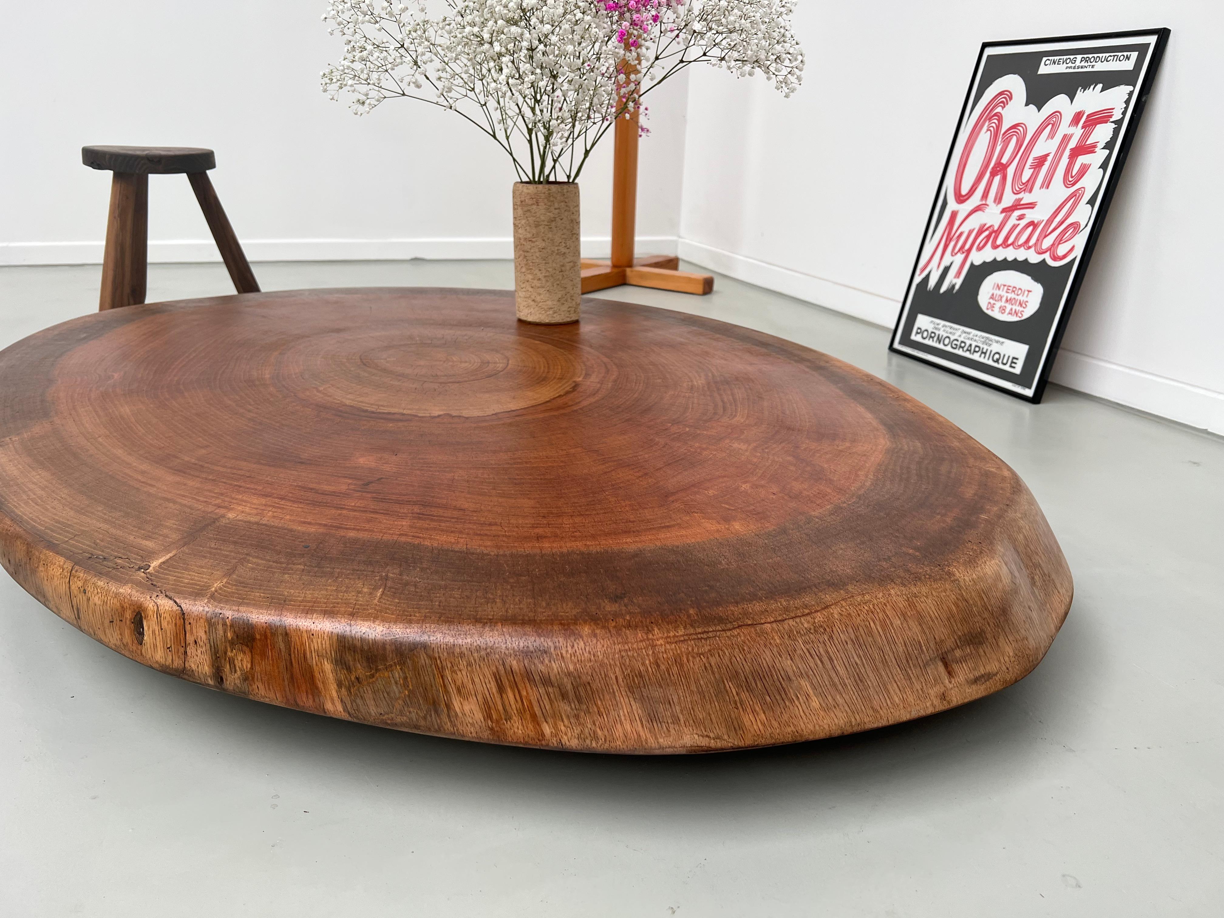 Superb sculptural coffee table, monoxyle from the 50s in Oukoume wood. Unique work of a French craftsman made in the 1950s with a sumptuous Oukoume trunk. Heavy and robust, the table is placed on 4 X 3 wheels (see photos) ultra discreet and very