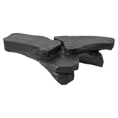 Sculptural Coffee Table, Rustic, Burnt Black Wood, Carved, Handmade, Logniture