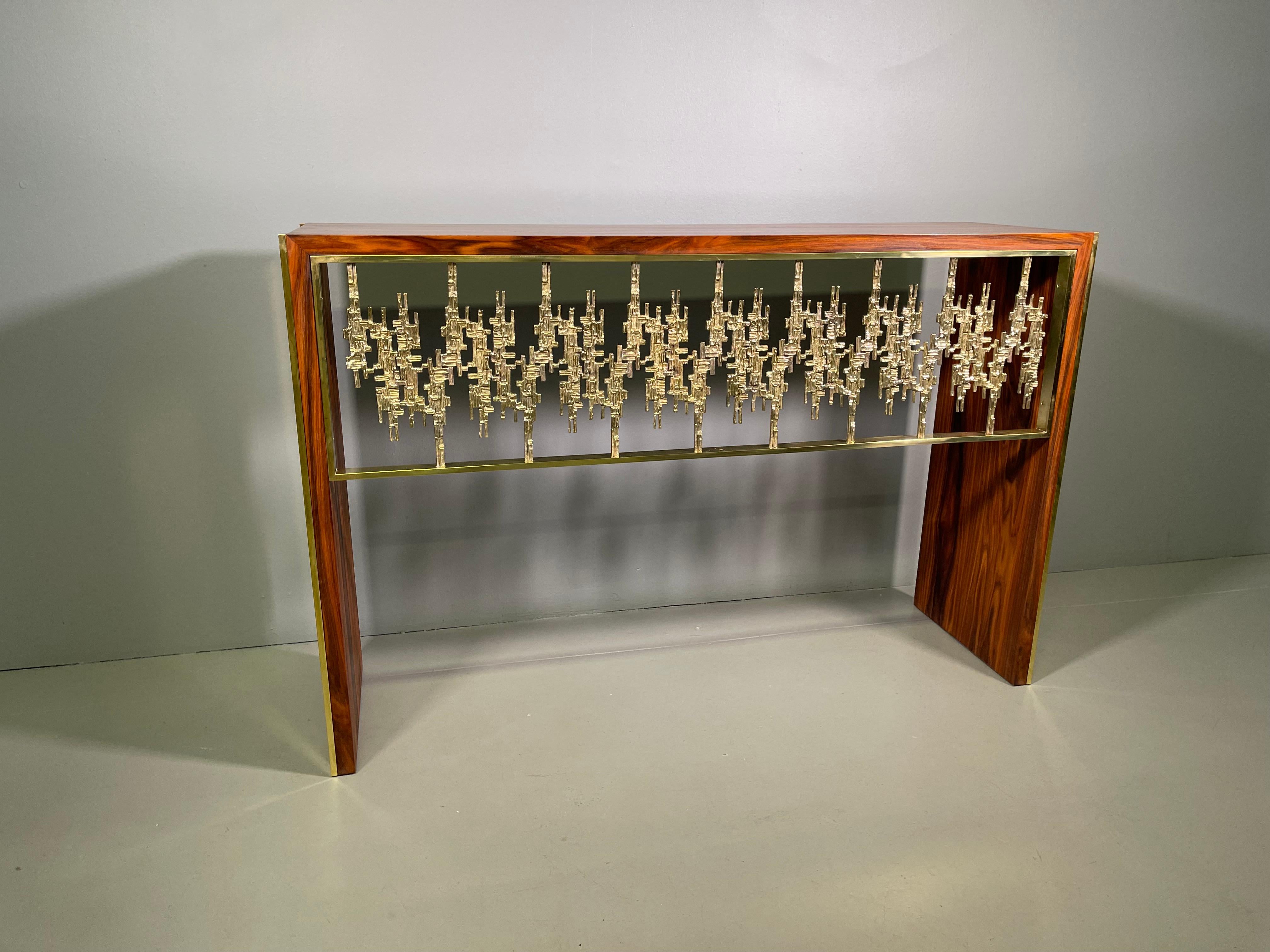 Italian Sculptural Console by Luciano Frigerio in Palisander and Brass, 1970s For Sale