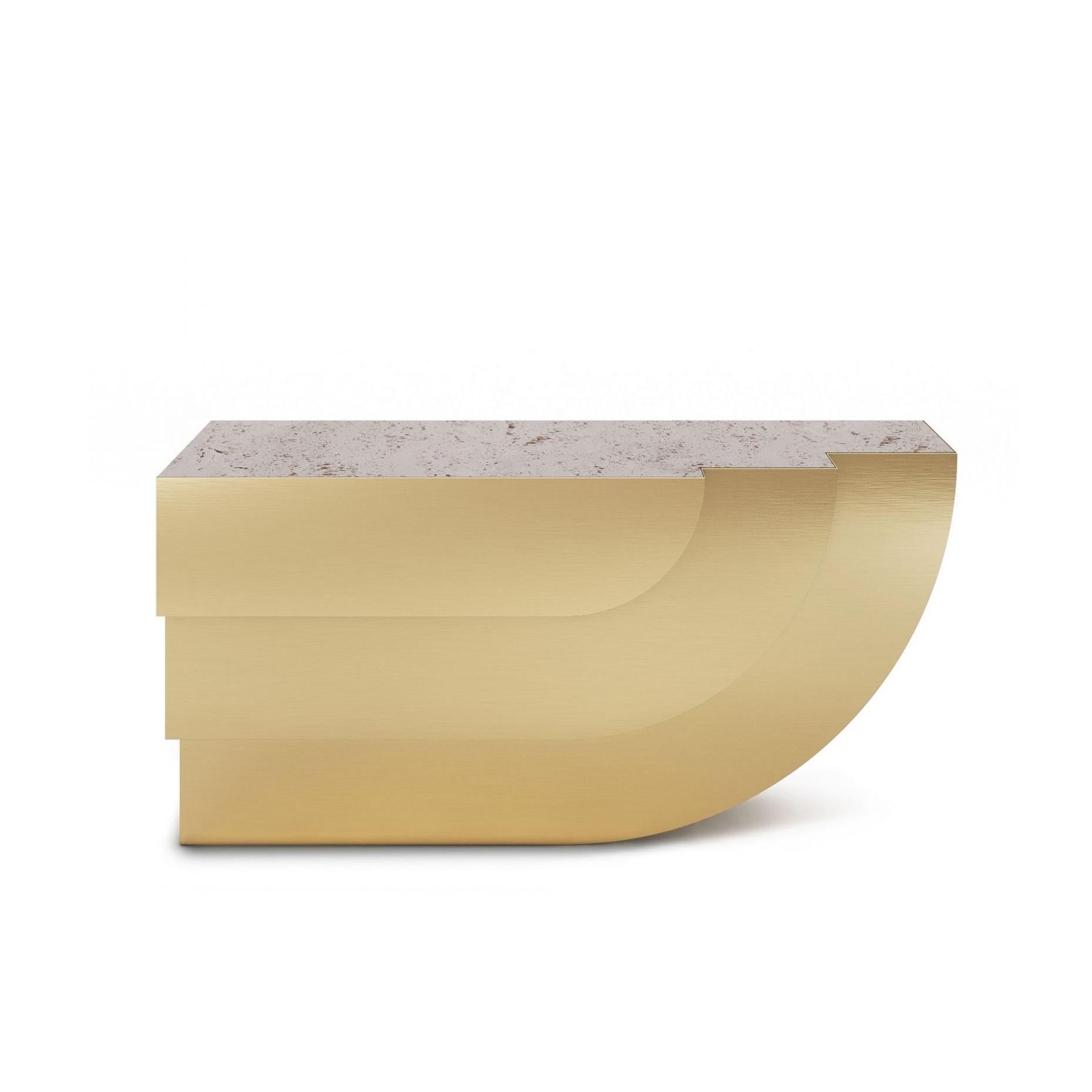 Modern Sculptural Console Customizable In Brushed Brass Layers & TRavertive For Sale