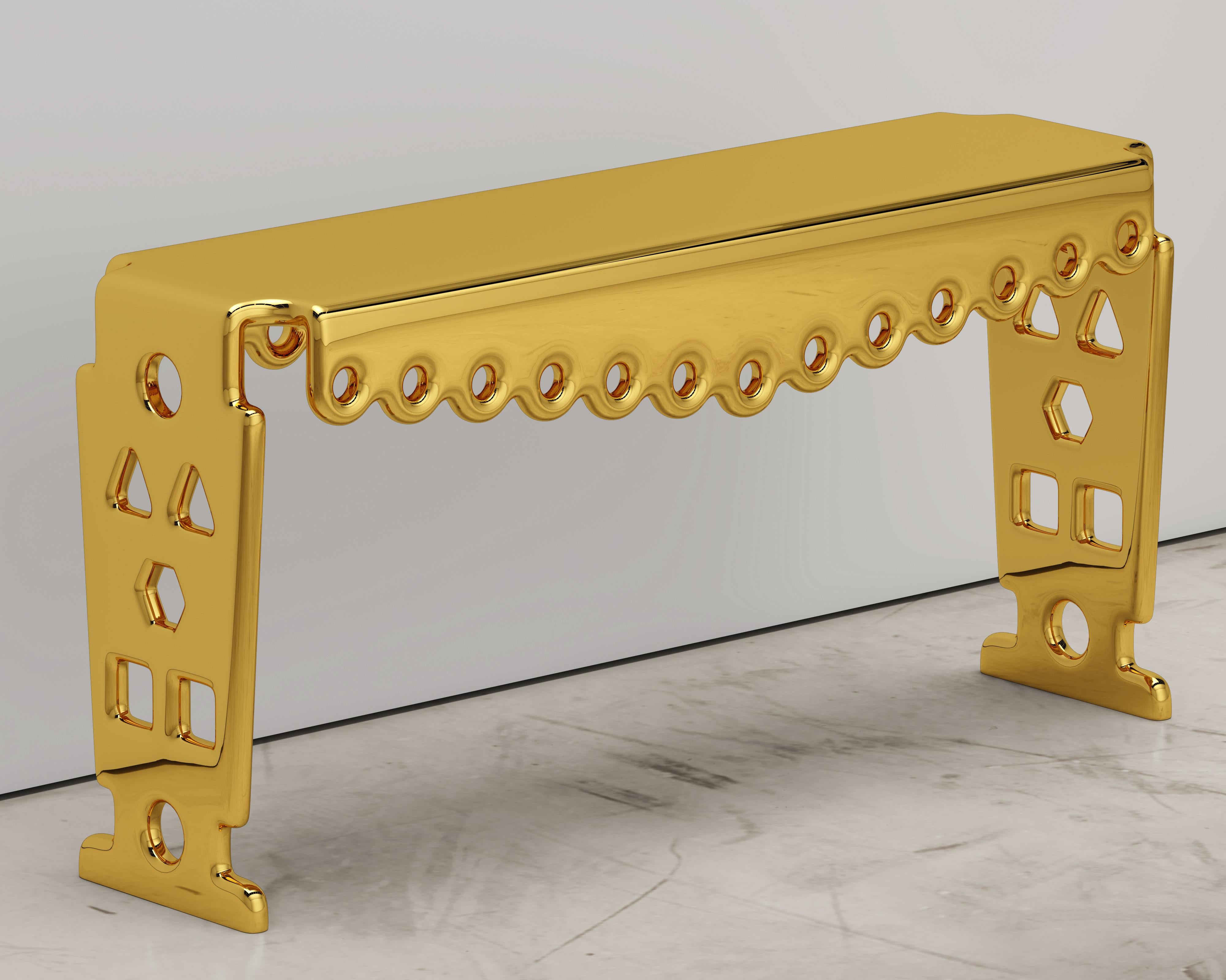 Contemporary console with mirror polished brass finish. You can see the past and present in the scale and proportions of the work, mixing classical form with today's modern style. Entirely made out of solid sheet metal and sculpted into shape by
