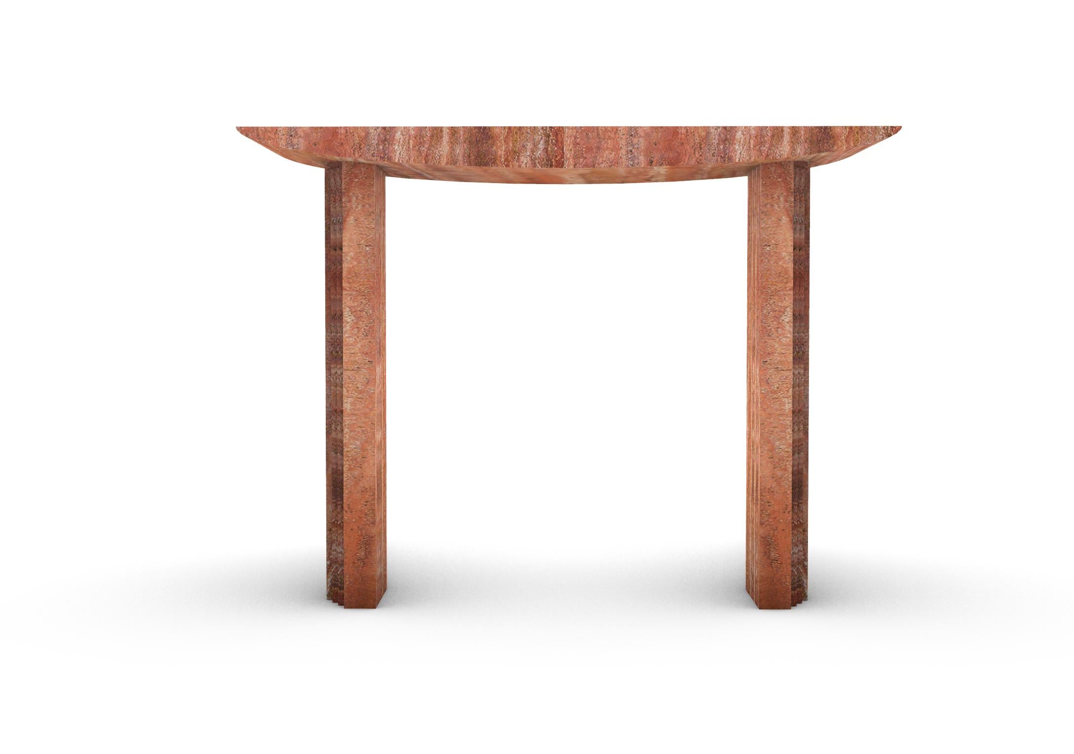 “Console 0024c” is a sculptural console table  in Red Travertine created by the artist Desia Ava. 
The piece features strong lines and gentle curves. Marked by architectural aesthetics, on the borderline between sculpture and furniture the