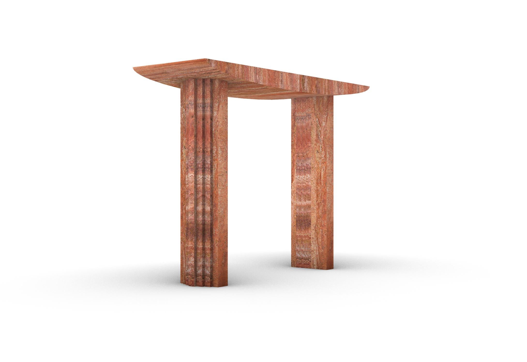 Contemporary Sculptural Console table 0024c in Red Travertine stone by artist Desia Ava For Sale