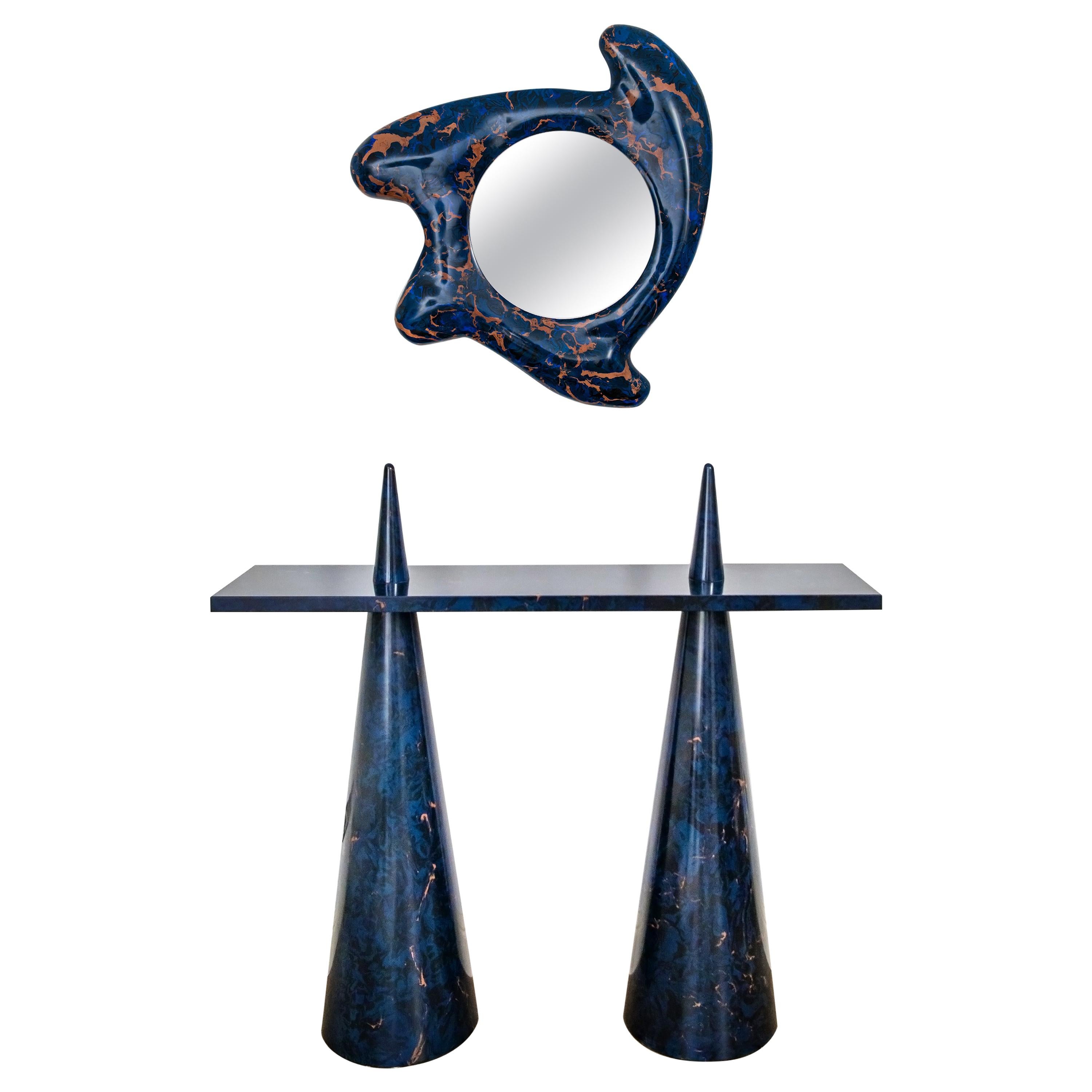  Console table & mirror sculptural set. One of a kind.  Hand crafted For Sale