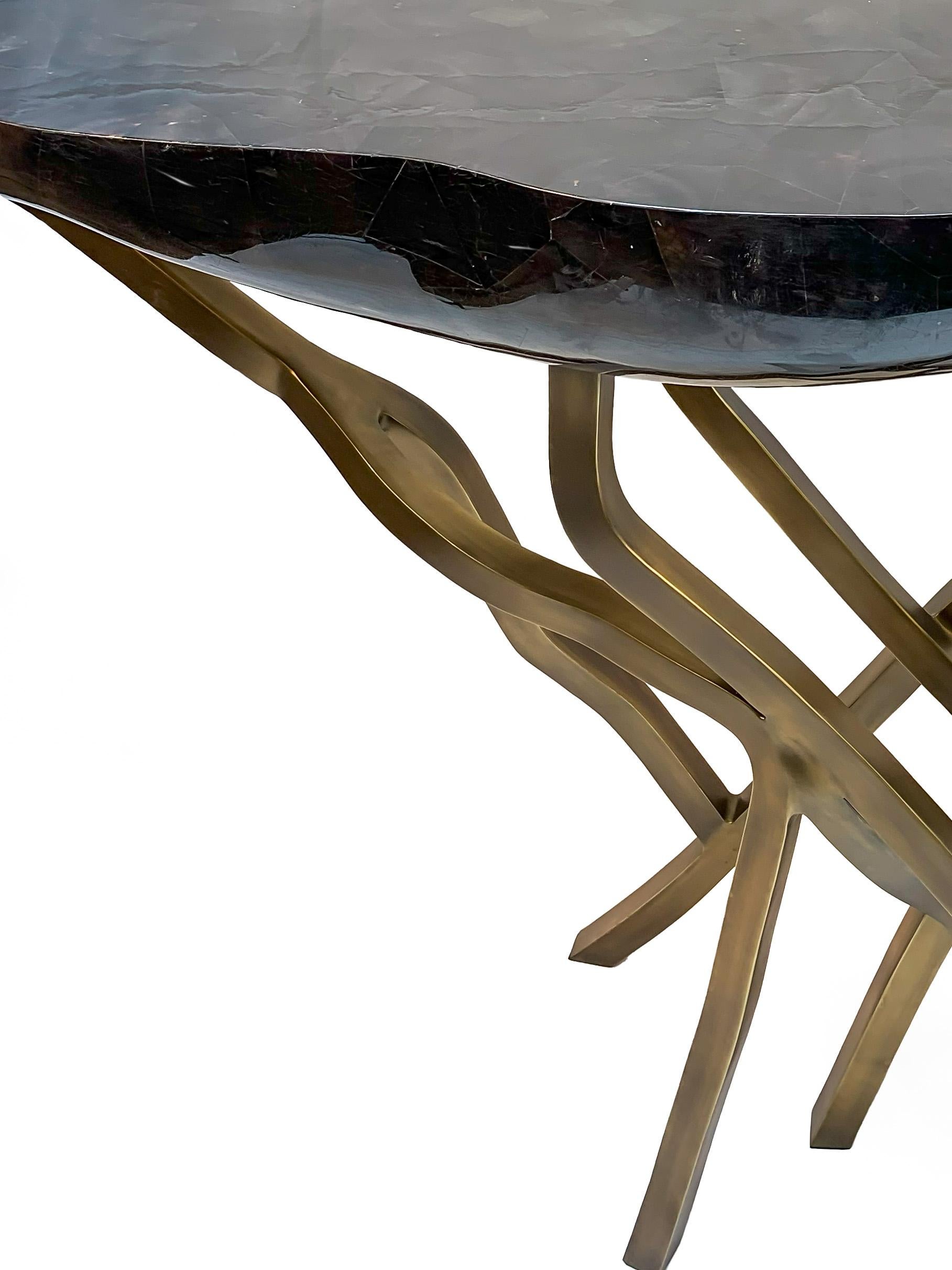 Brass Sculptural Console Table, Black Pen Shell and Bronze by R & Y Augousti, France For Sale
