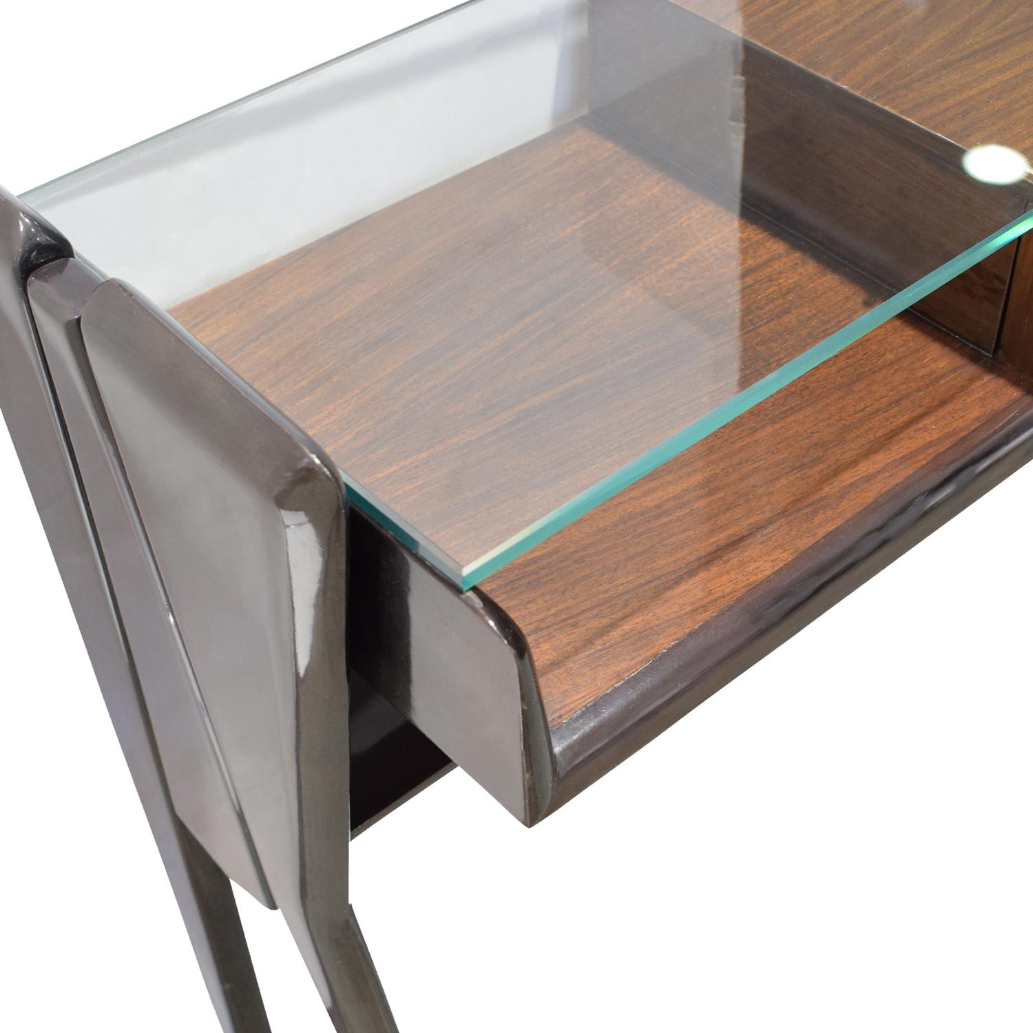 Italian Sculptural Console Table in Dark Walnut with Glass Top, 1950s