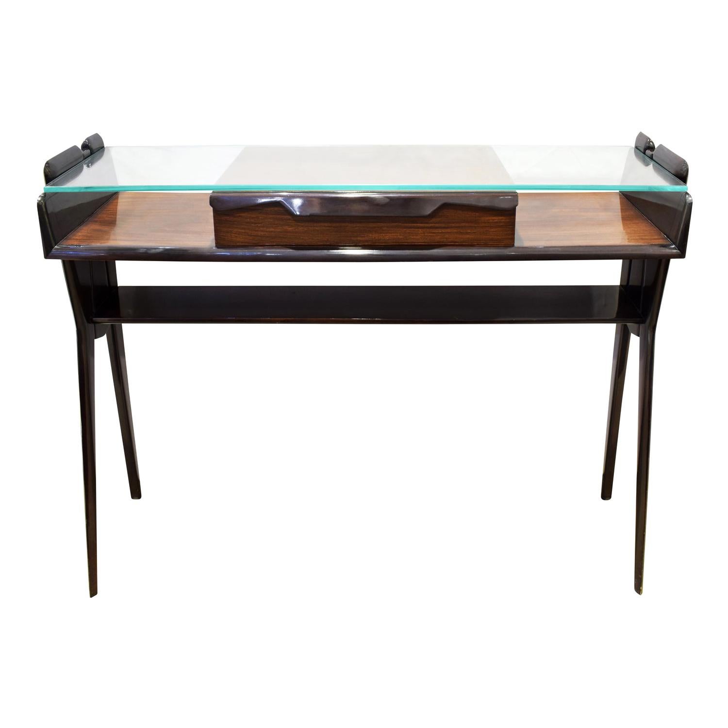 Sculptural Console Table in Dark Walnut with Glass Top, 1950s