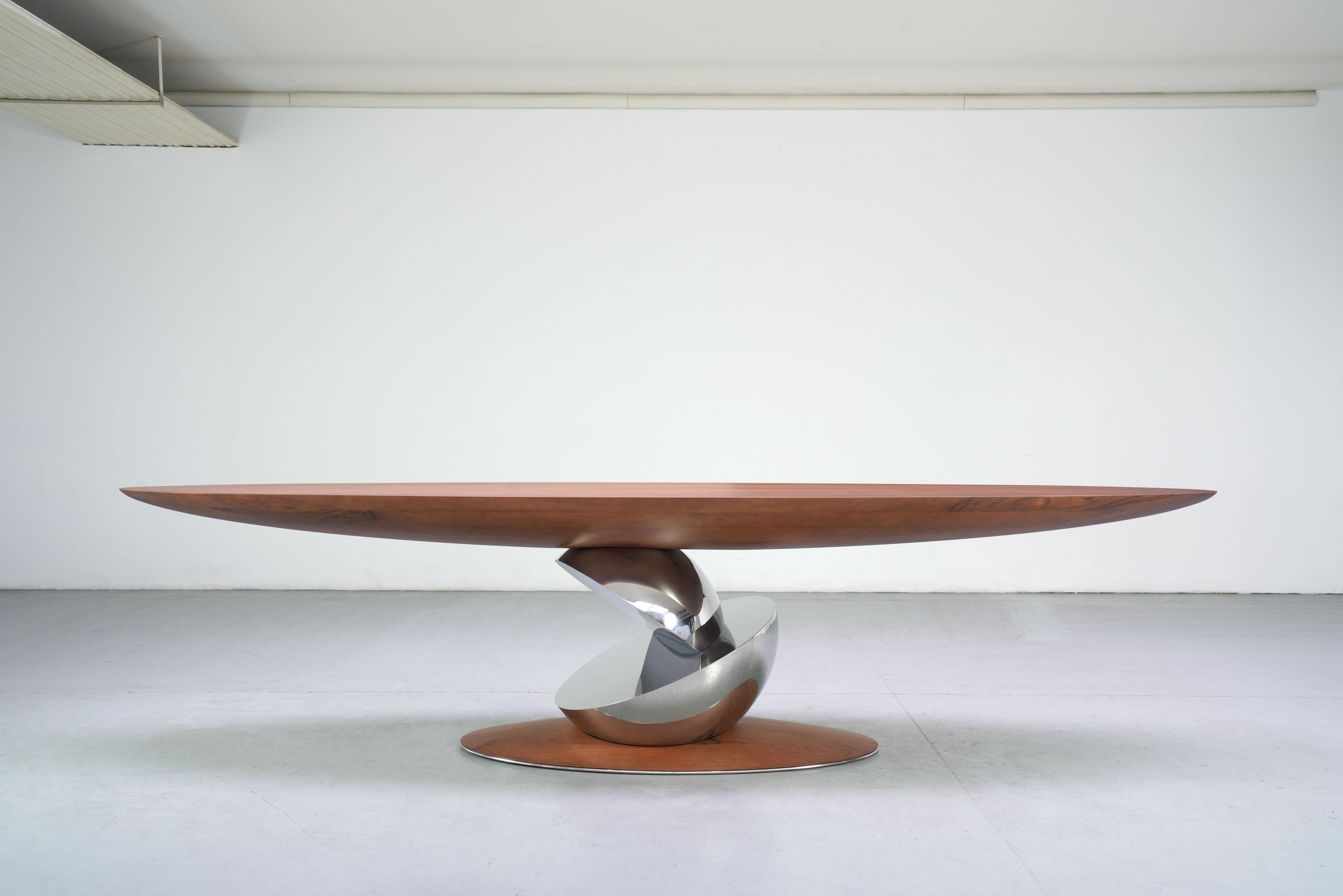 Sculptural Console Table, Walnut Wood and Polished Mirror Steel Limited Edition For Sale 2