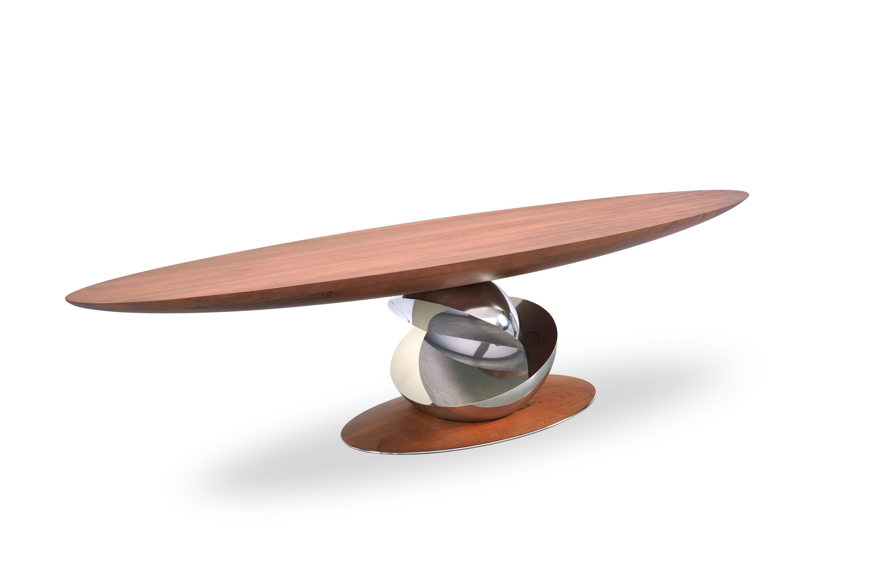 Sculptural Console Table, Walnut Wood and Polished Mirror Steel Limited Edition For Sale 6