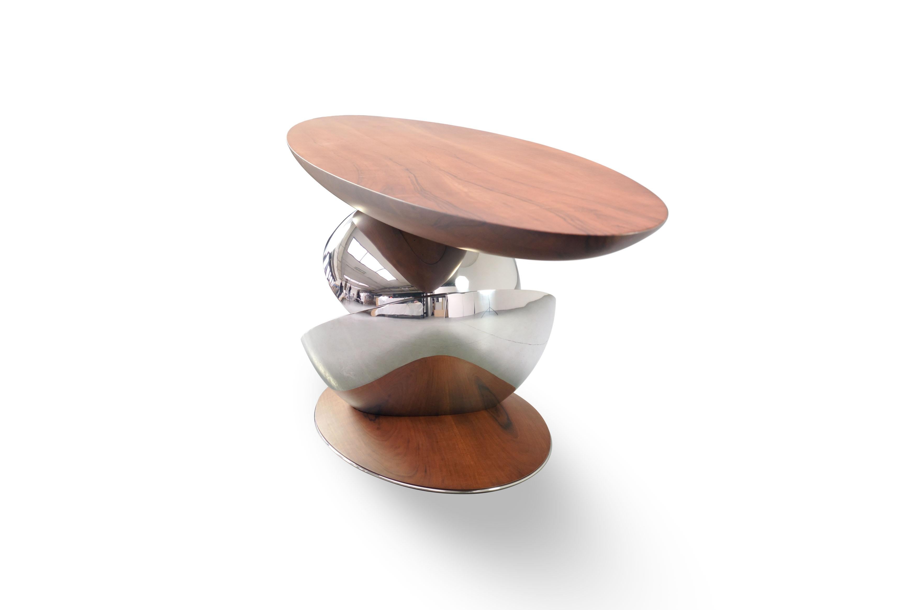 Sculptural Console Table, Walnut Wood and Polished Mirror Steel Limited Edition For Sale 8
