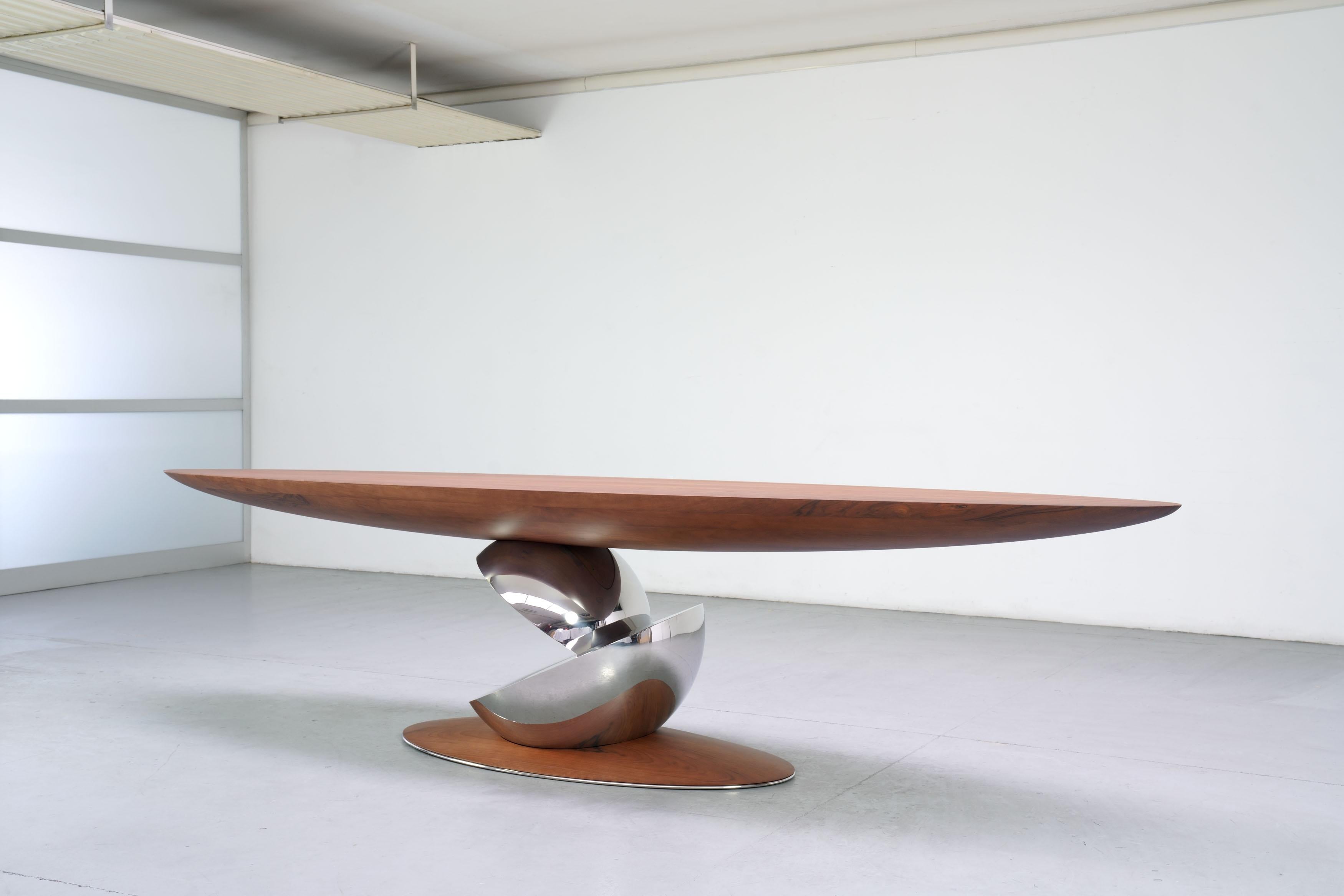 Italian Sculptural Console Table, Walnut Wood and Polished Mirror Steel Limited Edition For Sale