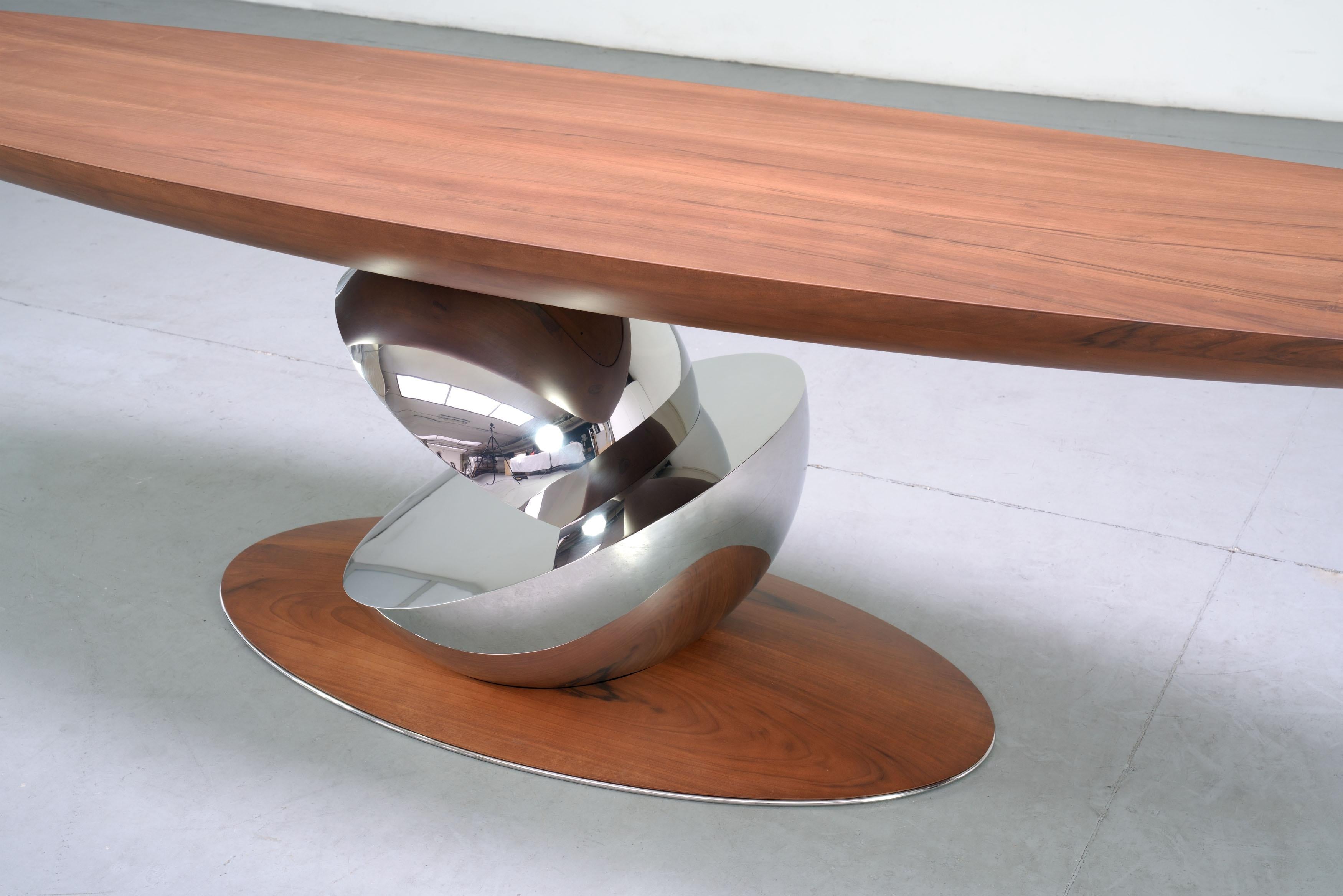 Hand-Crafted Sculptural Console Table, Walnut Wood and Polished Mirror Steel Limited Edition For Sale