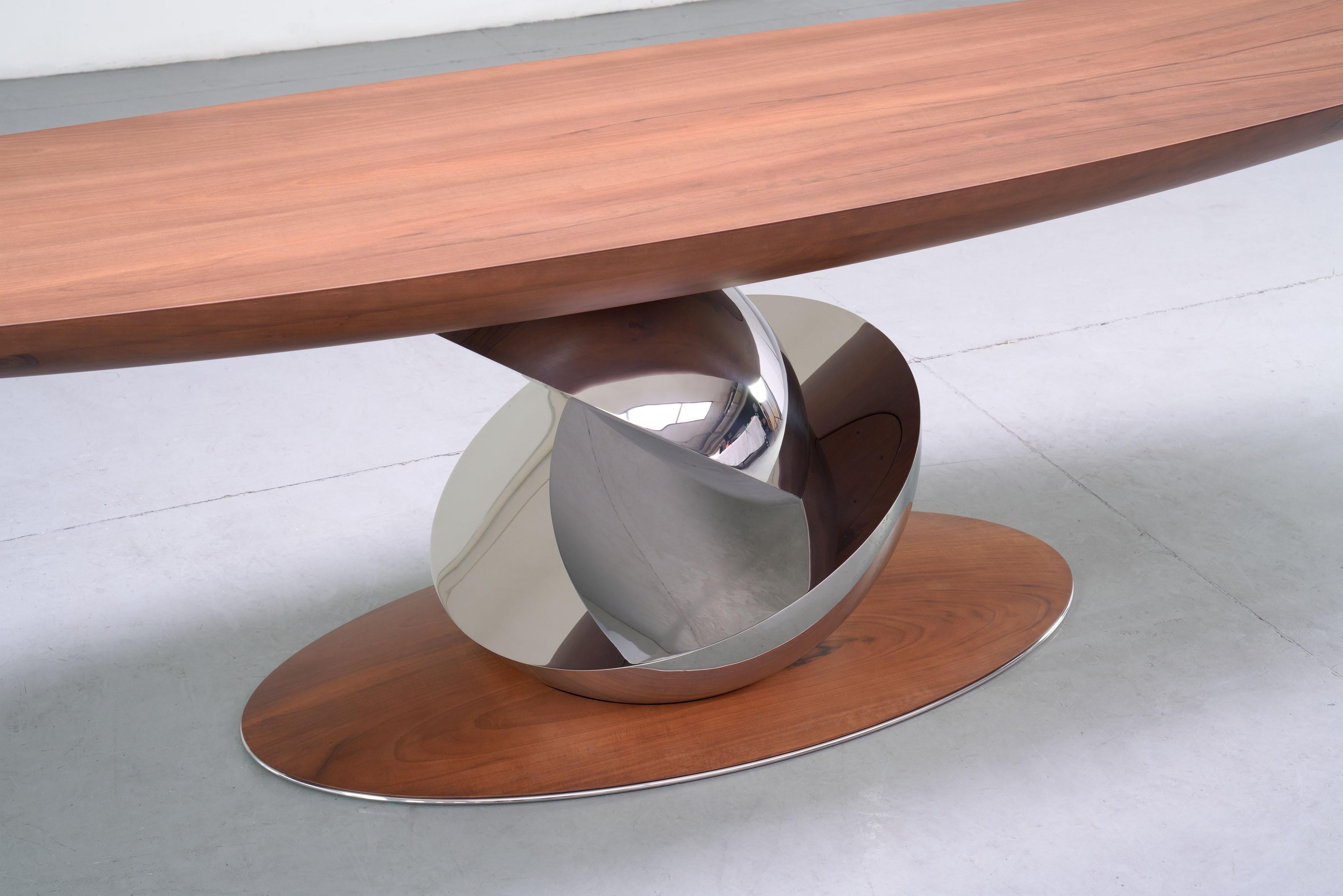 Contemporary Sculptural Console Table, Walnut Wood and Polished Mirror Steel Limited Edition For Sale