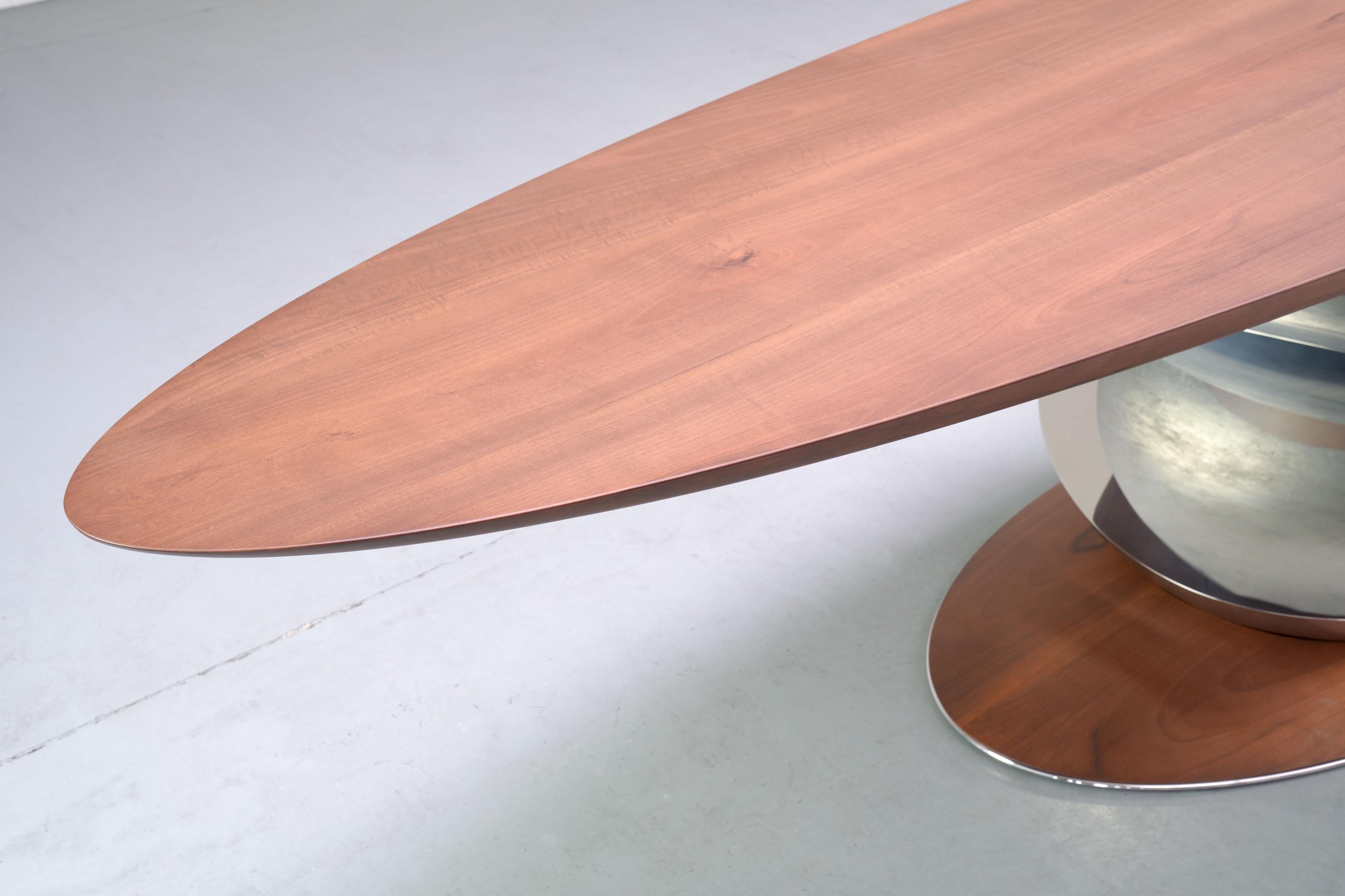 Stainless Steel Sculptural Console Table, Walnut Wood and Polished Mirror Steel Limited Edition For Sale