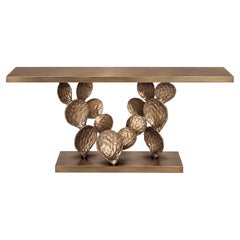 Sculptural Console w/ Cactus Leaf-Shaped Structure in Cast Brass & Bronze Lacqer