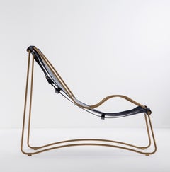 Sculptural Contemporary Chaise Lounge Aged Brass Metal, Navy Blue Leather Sample