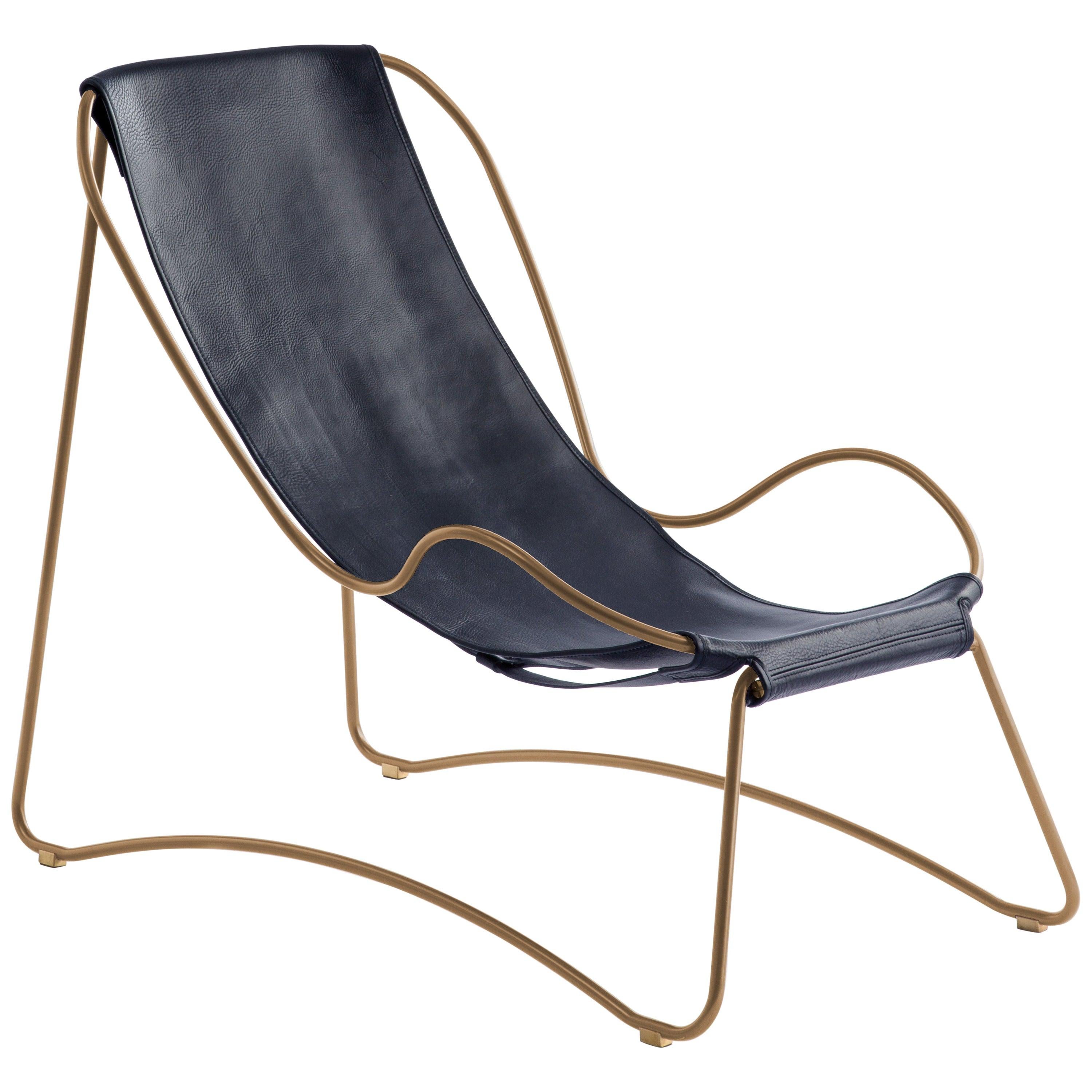 Sculptural Contemporary Chaise Lounge Aged Brass Metal, Navy Blue Leather Sample For Sale