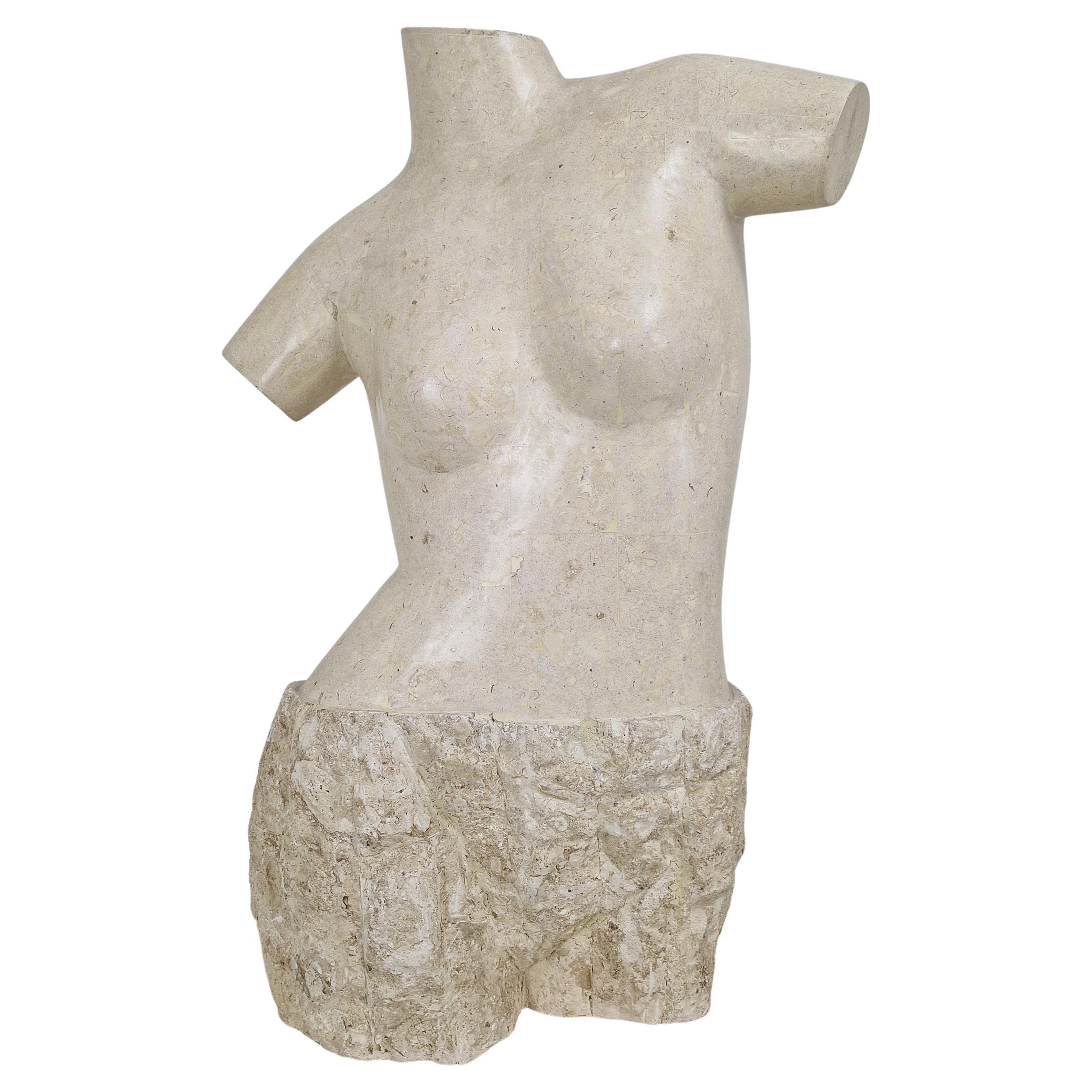 Sculptural Contemporary Female Torso Crafted from Layered Reclaimed Mactan Stone For Sale