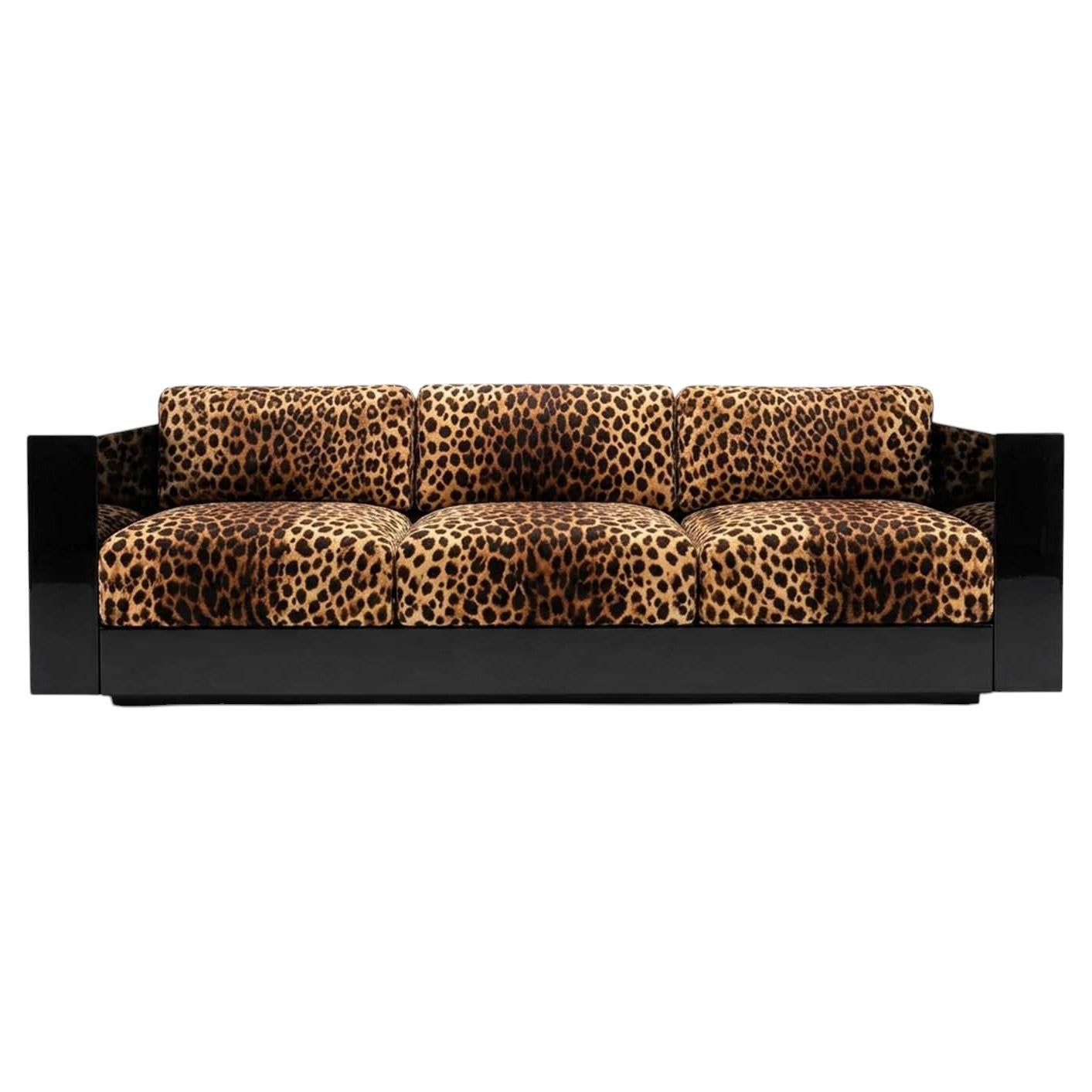 Sculptural Contemporary Leopard Velvet and Black Lacquered Sofa Revolución