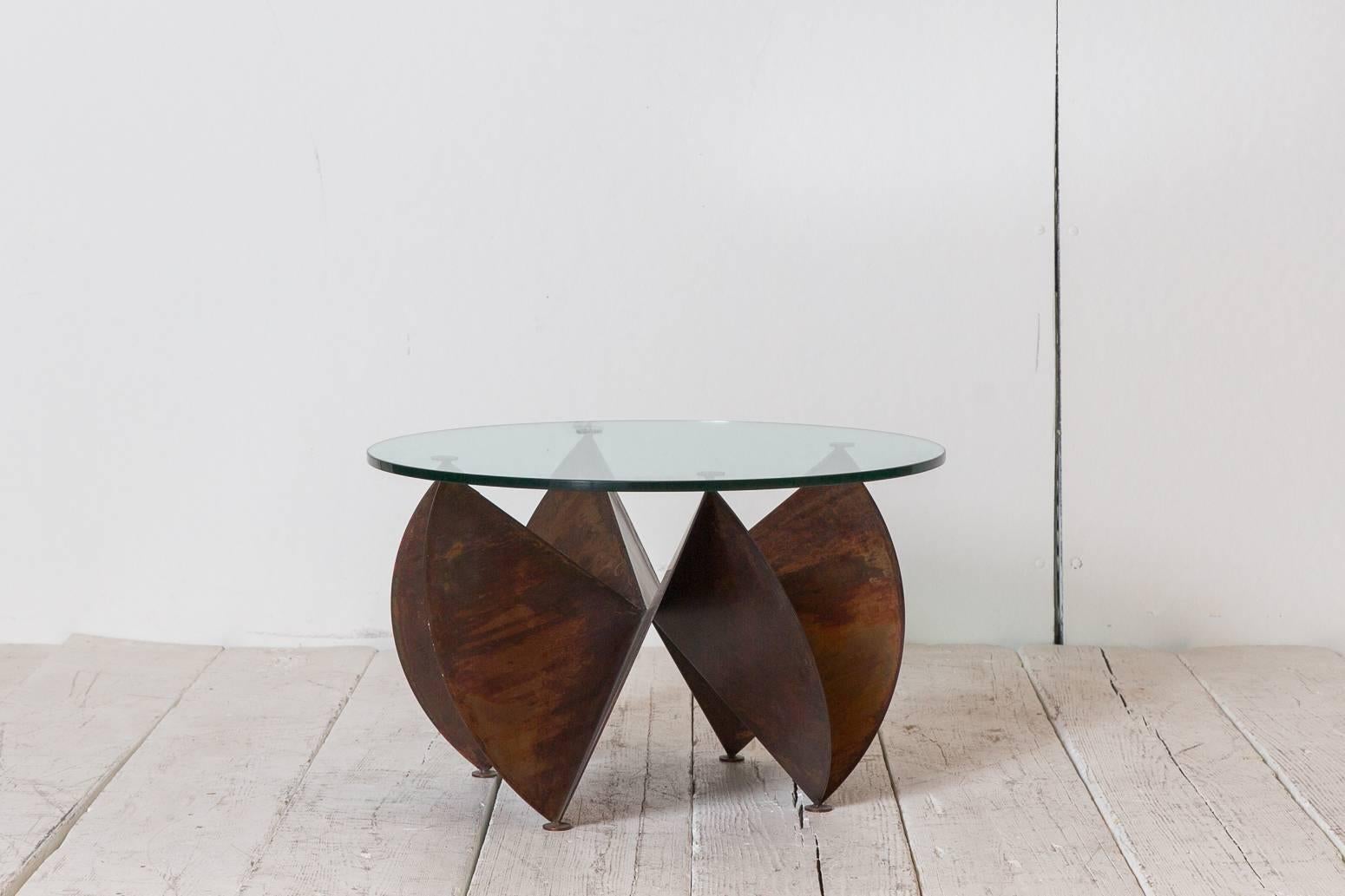 Sculptural Copper Side Table with Round Glass Top In Excellent Condition In Los Angeles, CA
