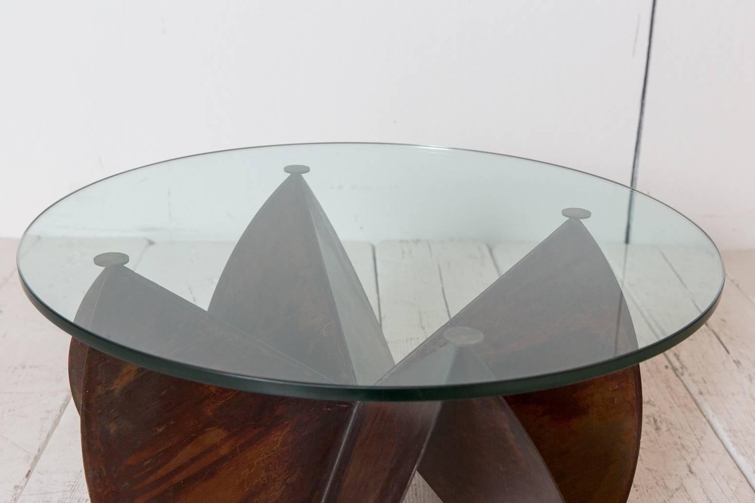 Sculptural Copper Side Table with Round Glass Top 1