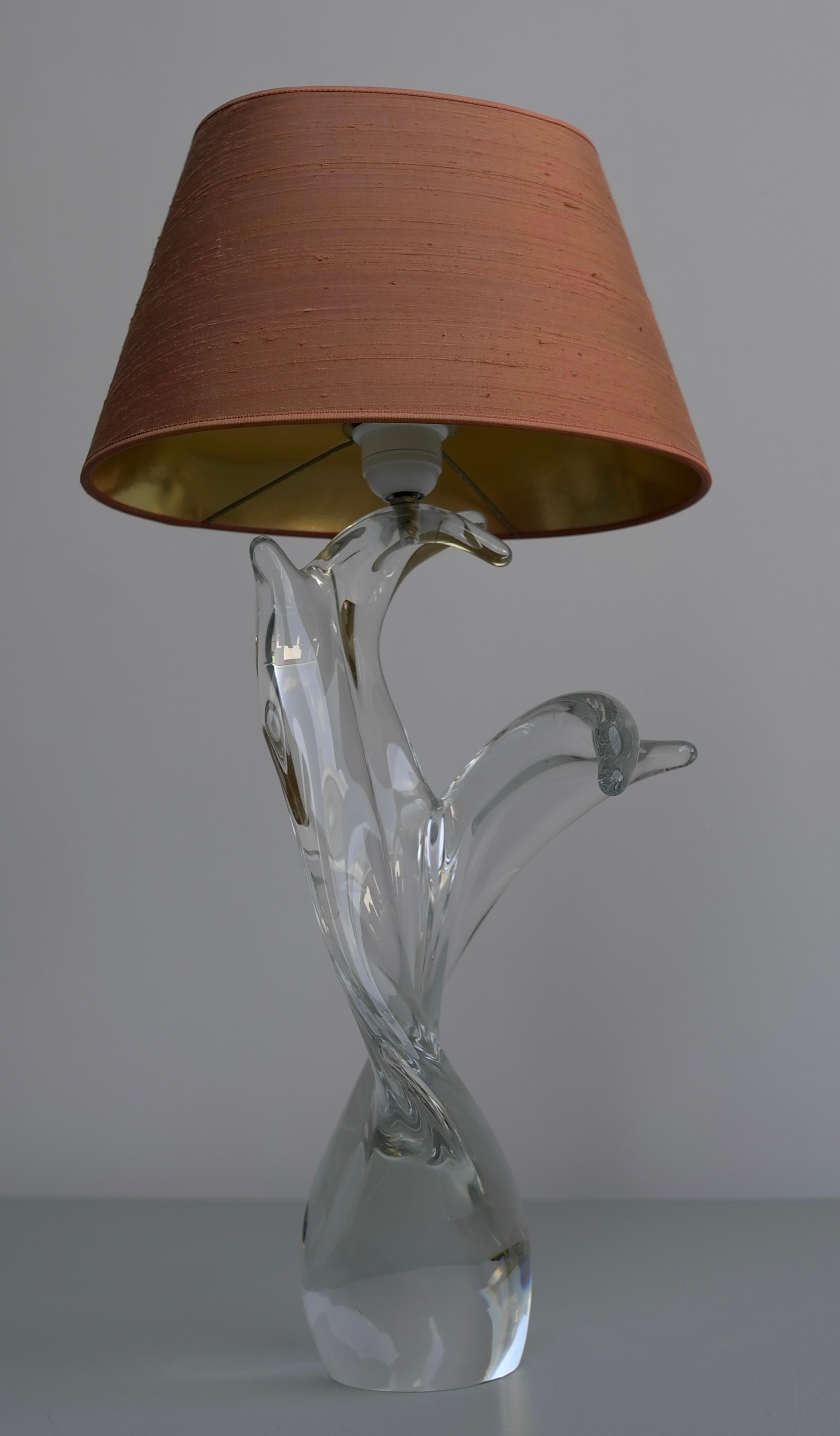 Mid-Century Modern Sculptural Crystal Table Lamp with Silk Shade, France, 1960s For Sale