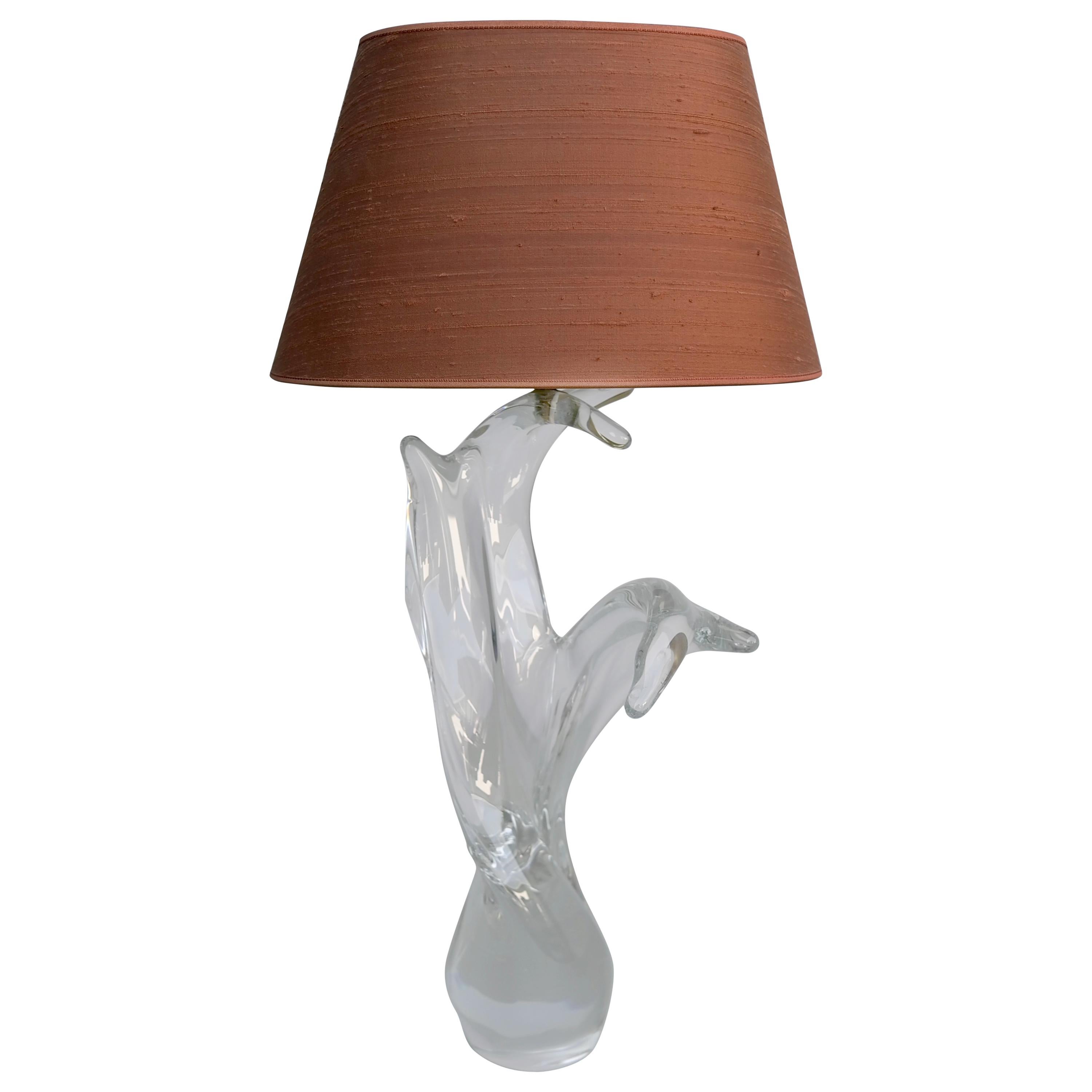 Sculptural Crystal Table Lamp with Silk Shade, France, 1960s