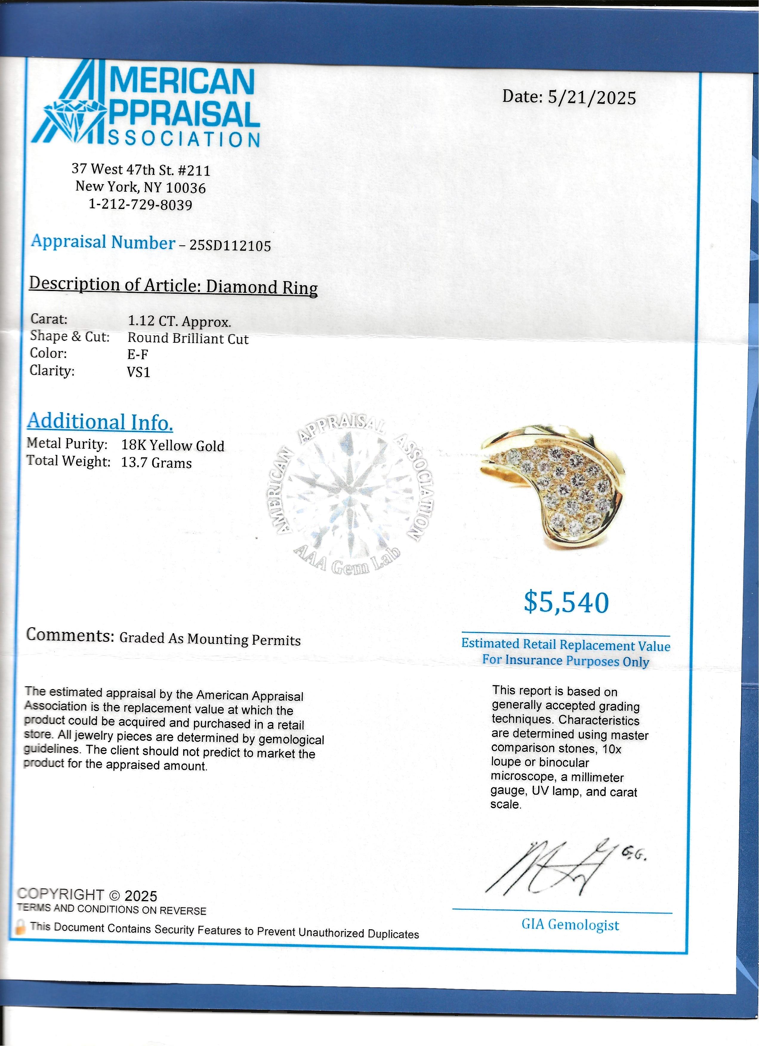 Sculptural Curved Pavé Diamond Cocktail Ring in 18 Karat Yellow Gold, E-F / VS1 For Sale 10