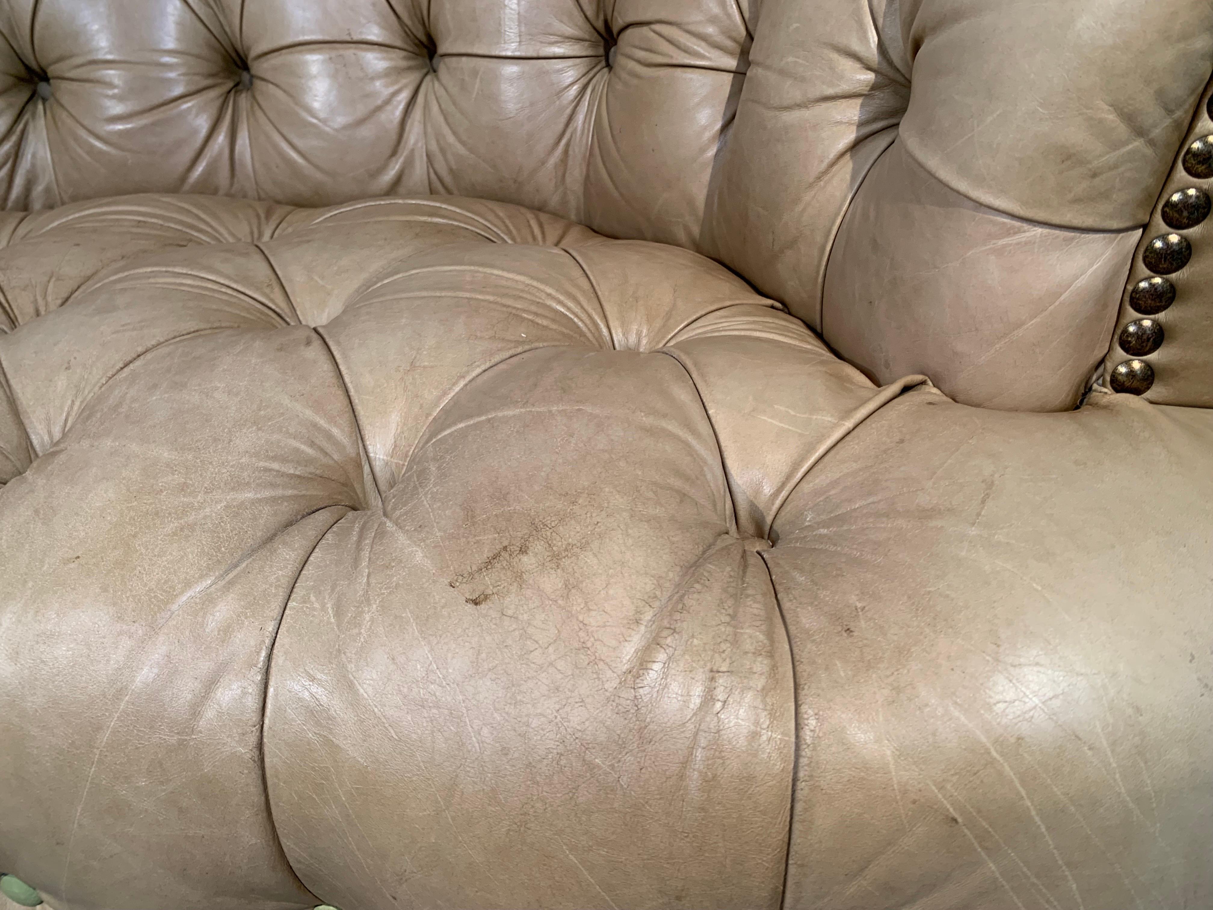 Sculptural Curved Tufted Leather Chesterfield Nailhead Sofa Made In Italy 3