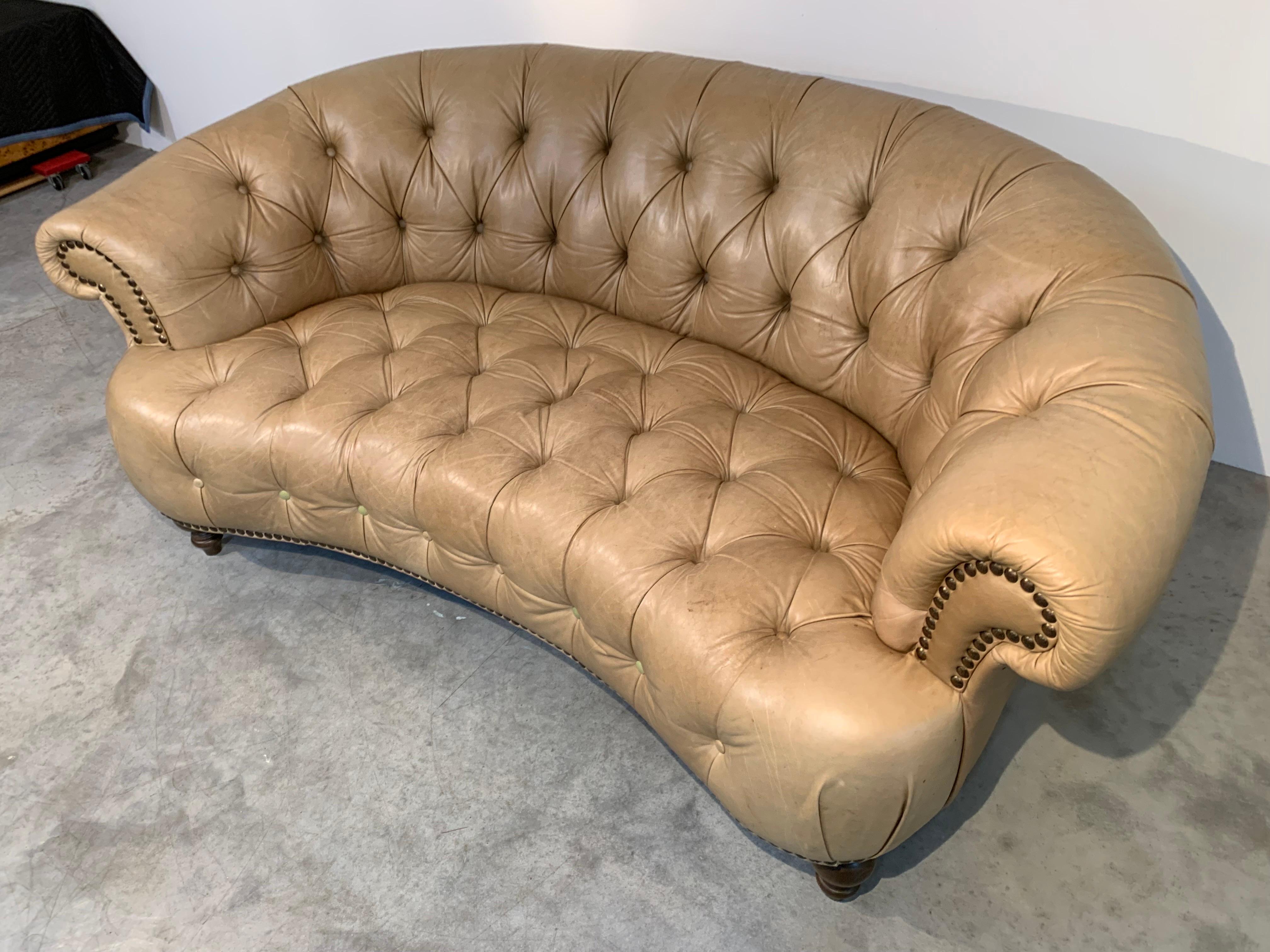 Sculptural Curved Tufted Leather Chesterfield Nailhead Sofa Made In Italy 1