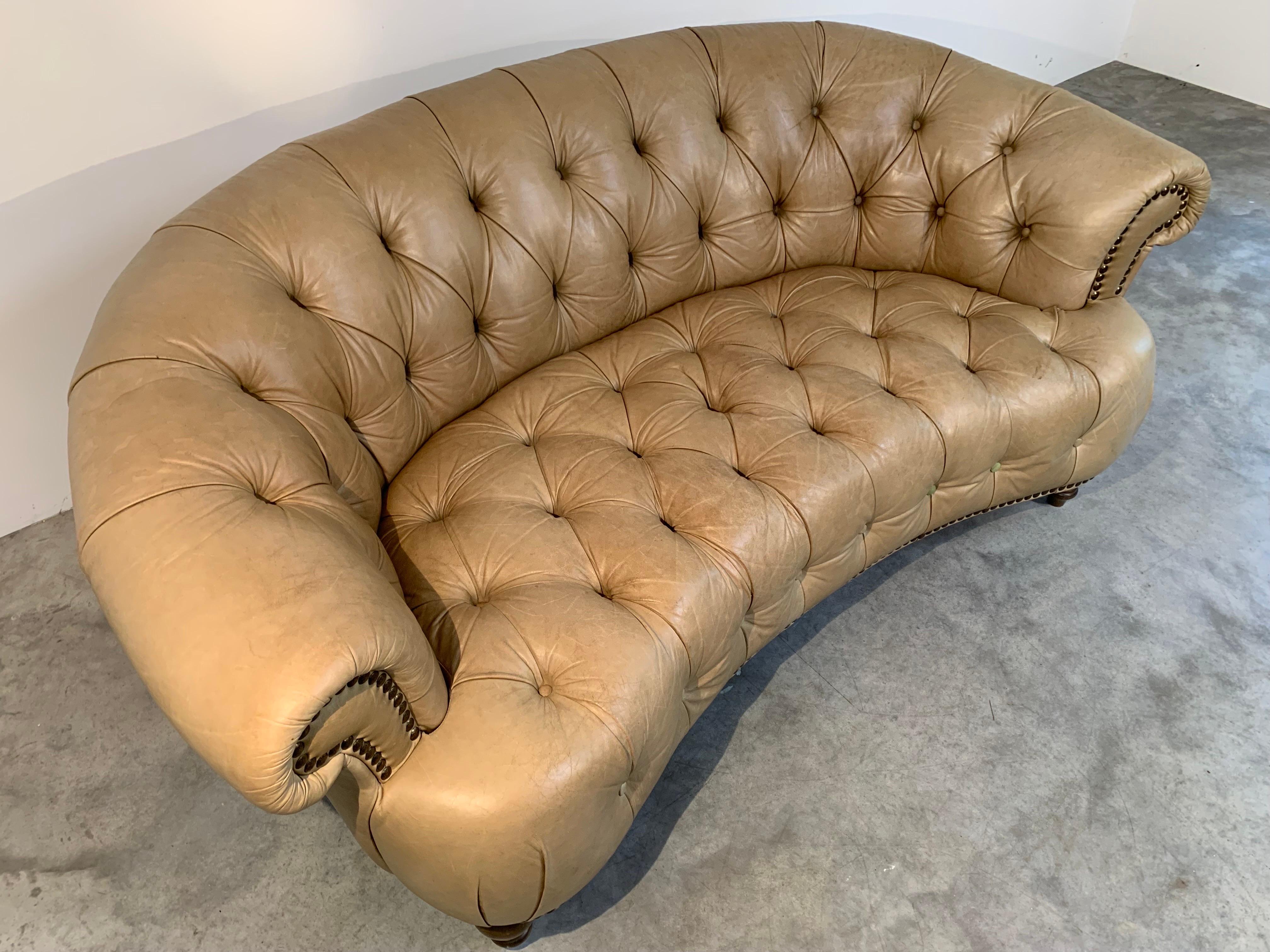 Sculptural Curved Tufted Leather Chesterfield Nailhead Sofa Made In Italy 2