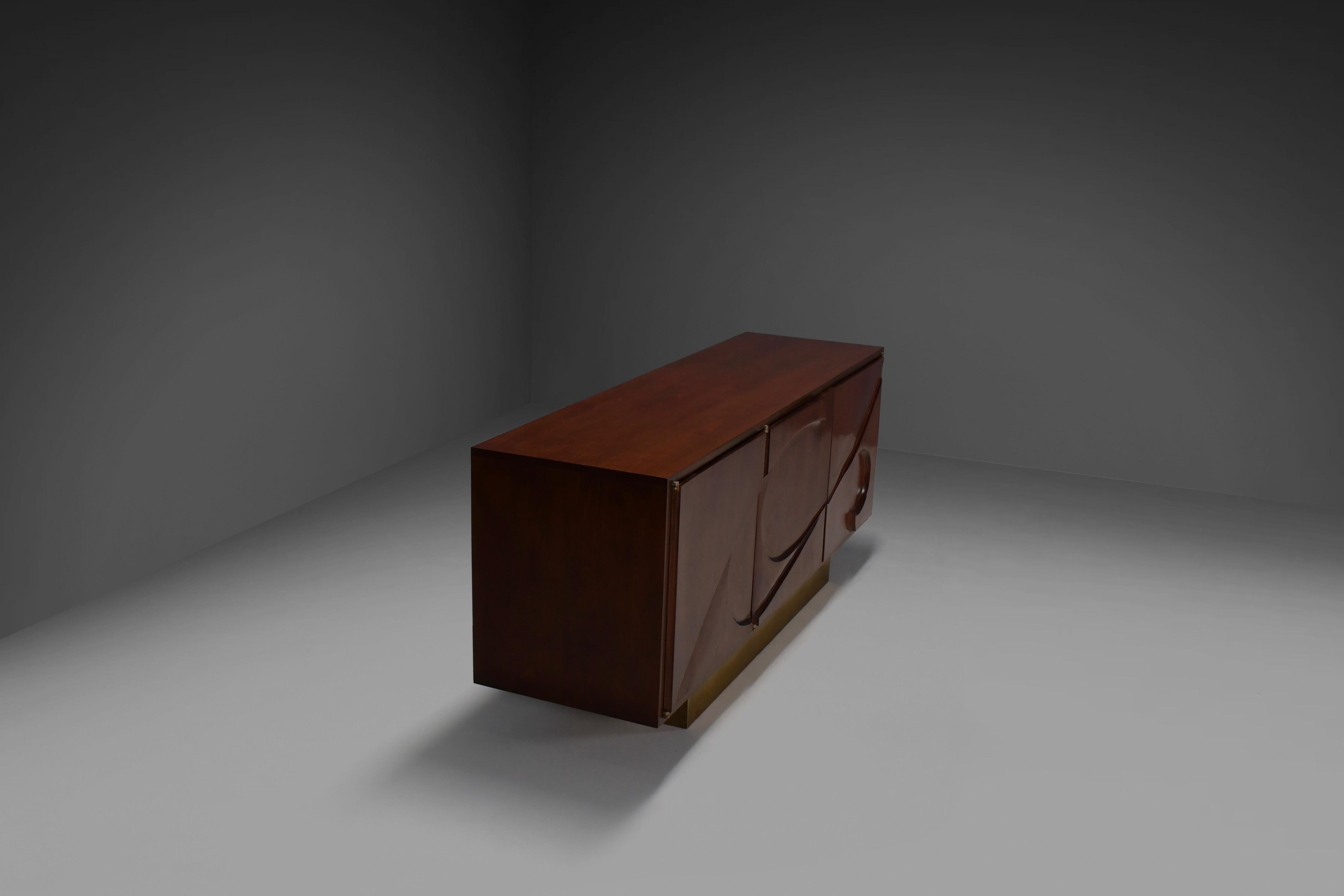 Brass Sculptural Curved Wooden Sideboard in the style of Michael Coffey For Sale