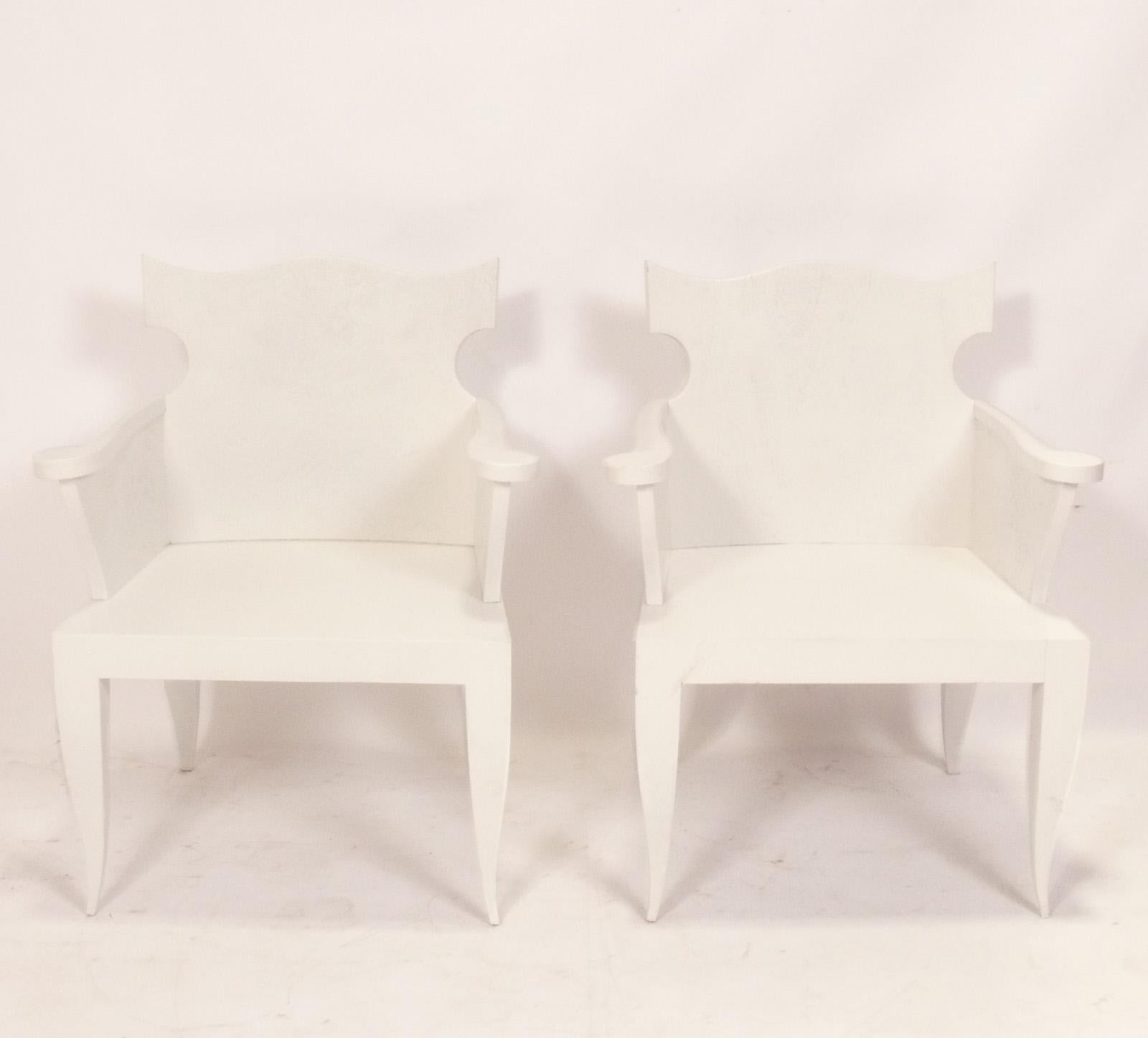 Pair of Sculptural Custom Wood Armchairs, American, circa 2000s. These chairs were custom made for an Atlanta Show House. They can be refinished in your choice of color (including the white color as shown). If you would like us to make cushions for