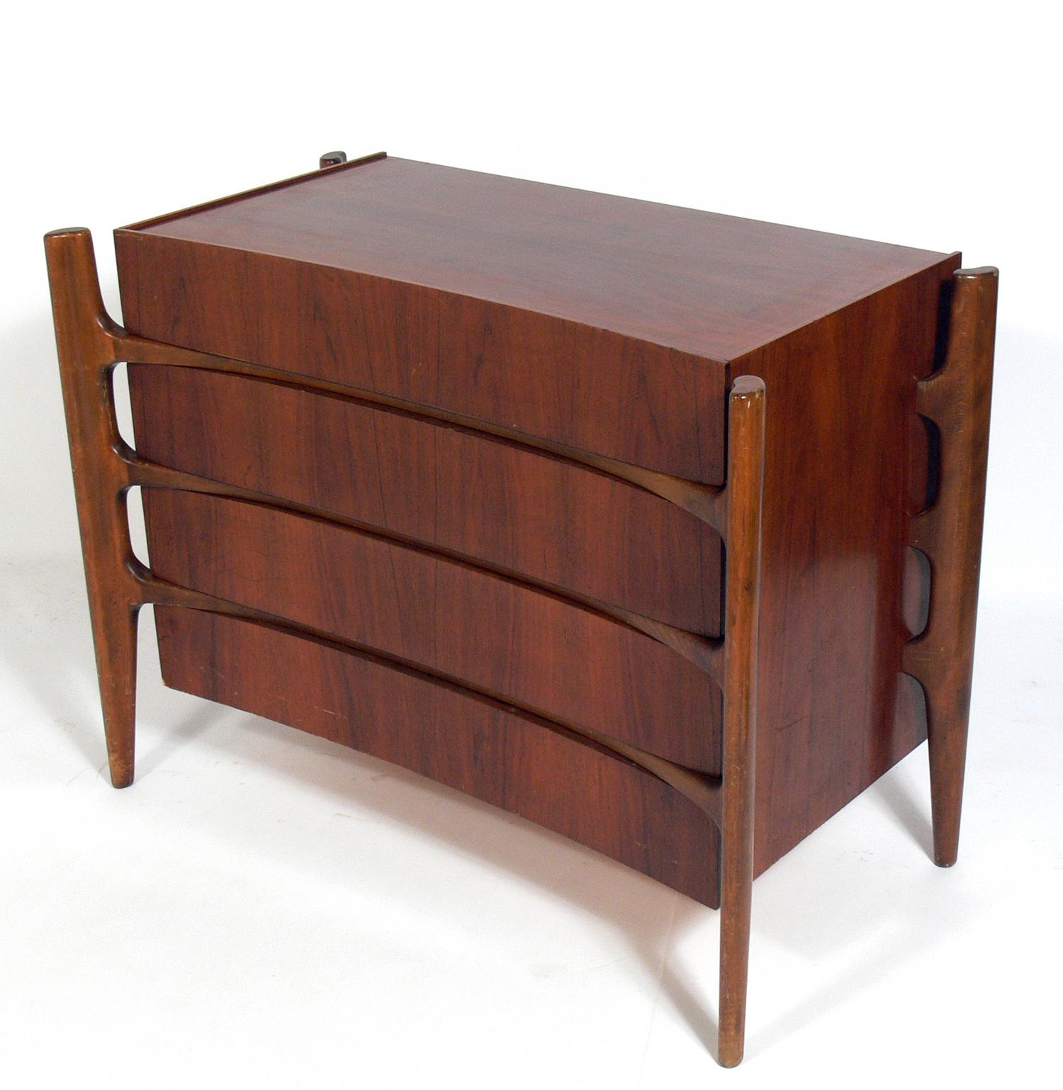 Sculptural Danish modern style chest, designed by William Hinn for Urban Furniture, Sweden, circa 1950s. It is currently being refinished and will look incredible when completed. The price noted includes refinishing. It is a versatile size and can