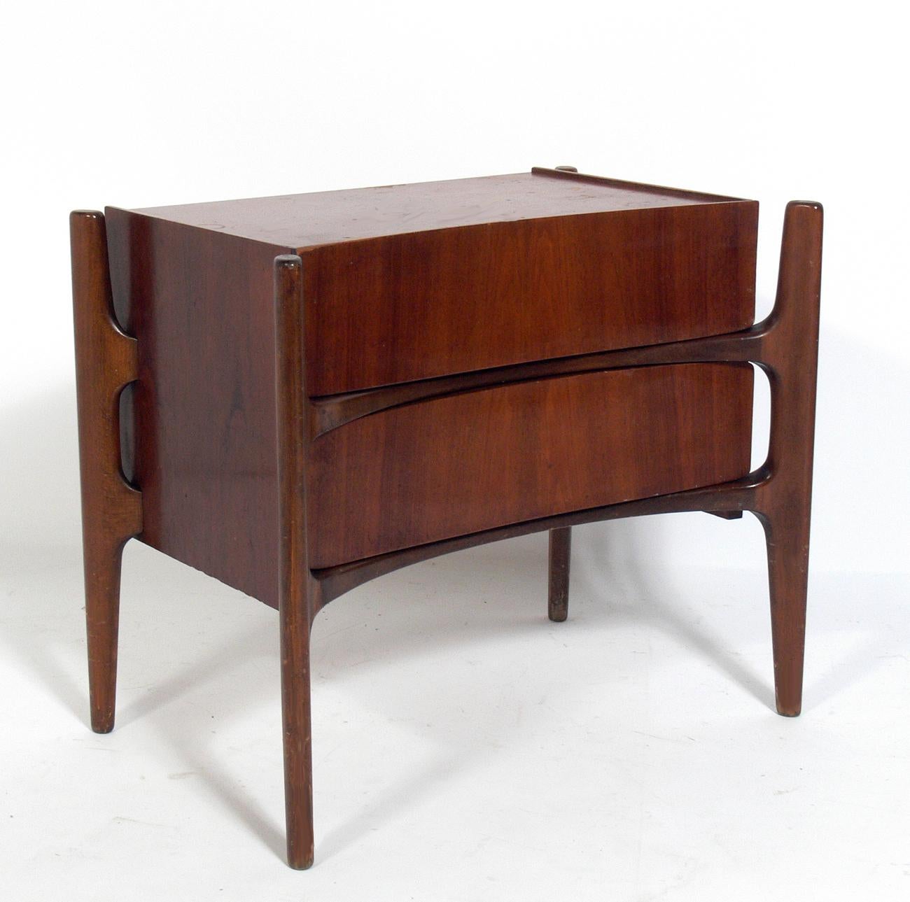 Sculptural Danish modern style nightstands or end tables, designed by William Hinn for Urban Furniture, Sweden, circa 1950s. This set is currently being refinished and will look incredible when completed. The price noted includes refinishing. They