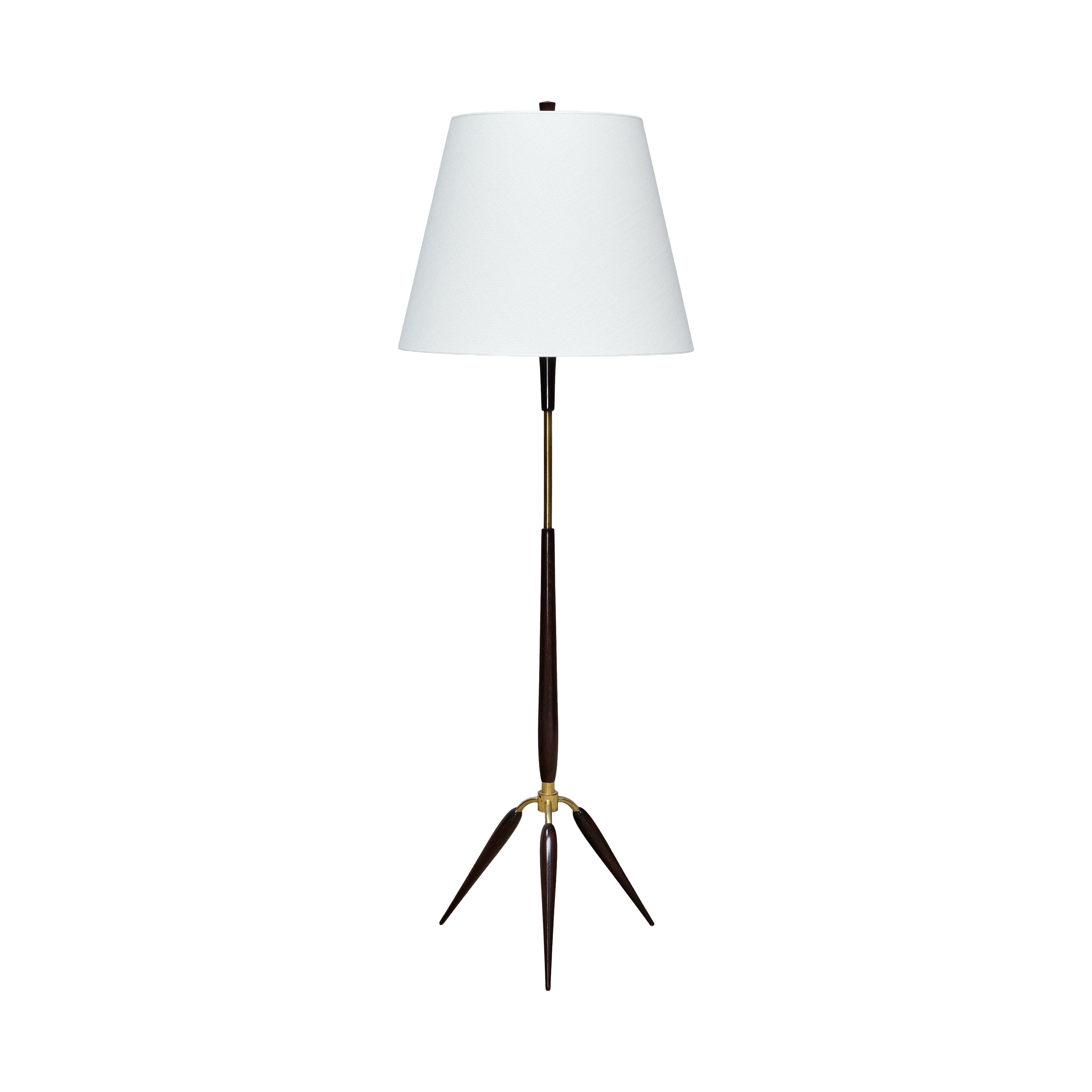 Lampadaire tripode sculptural danois moderne en laiton, bois de hêtre et lin, années 1960 en vente