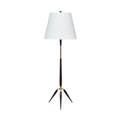 Lampada da terra scultorea danese moderna a treppiede in ottone, faggio e lino, anni '60